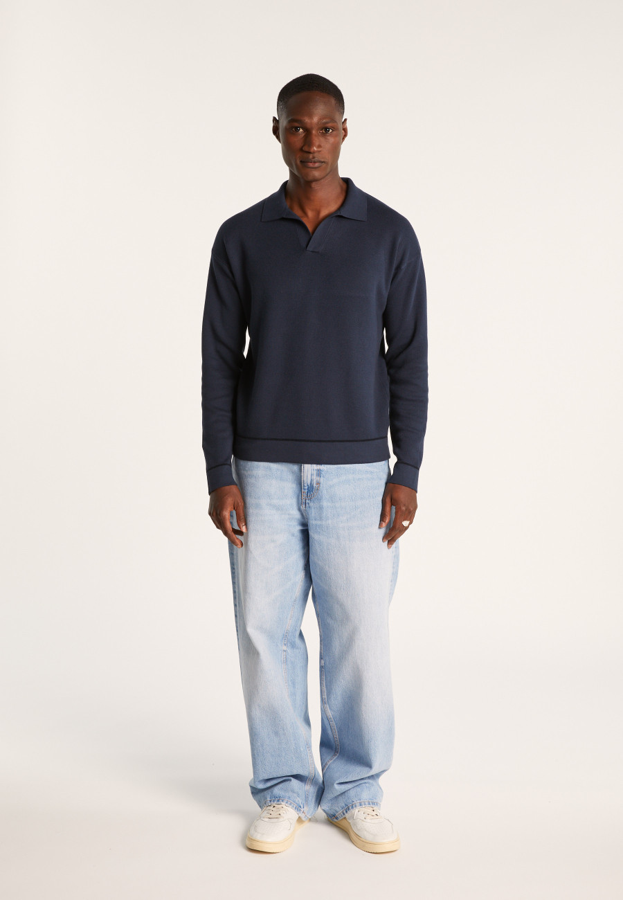 Long-sleeved polo shirt in flamed cotton and linen - Ido