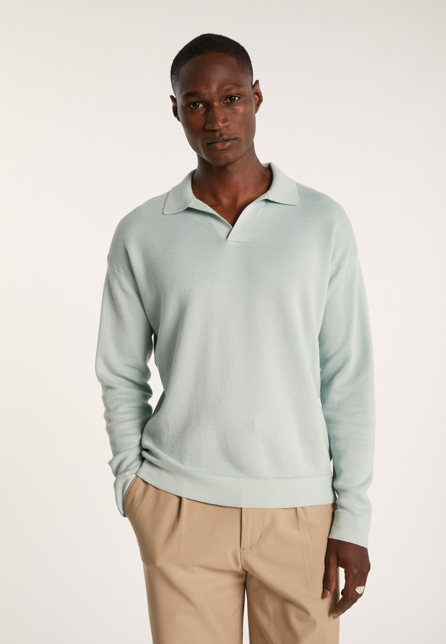 Long-sleeved polo shirt in flamed cotton and linen - Ido