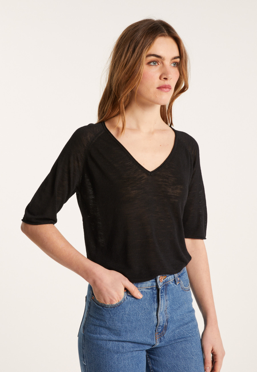 Flamed linen elbow sleeve t-shirt - Bonbon