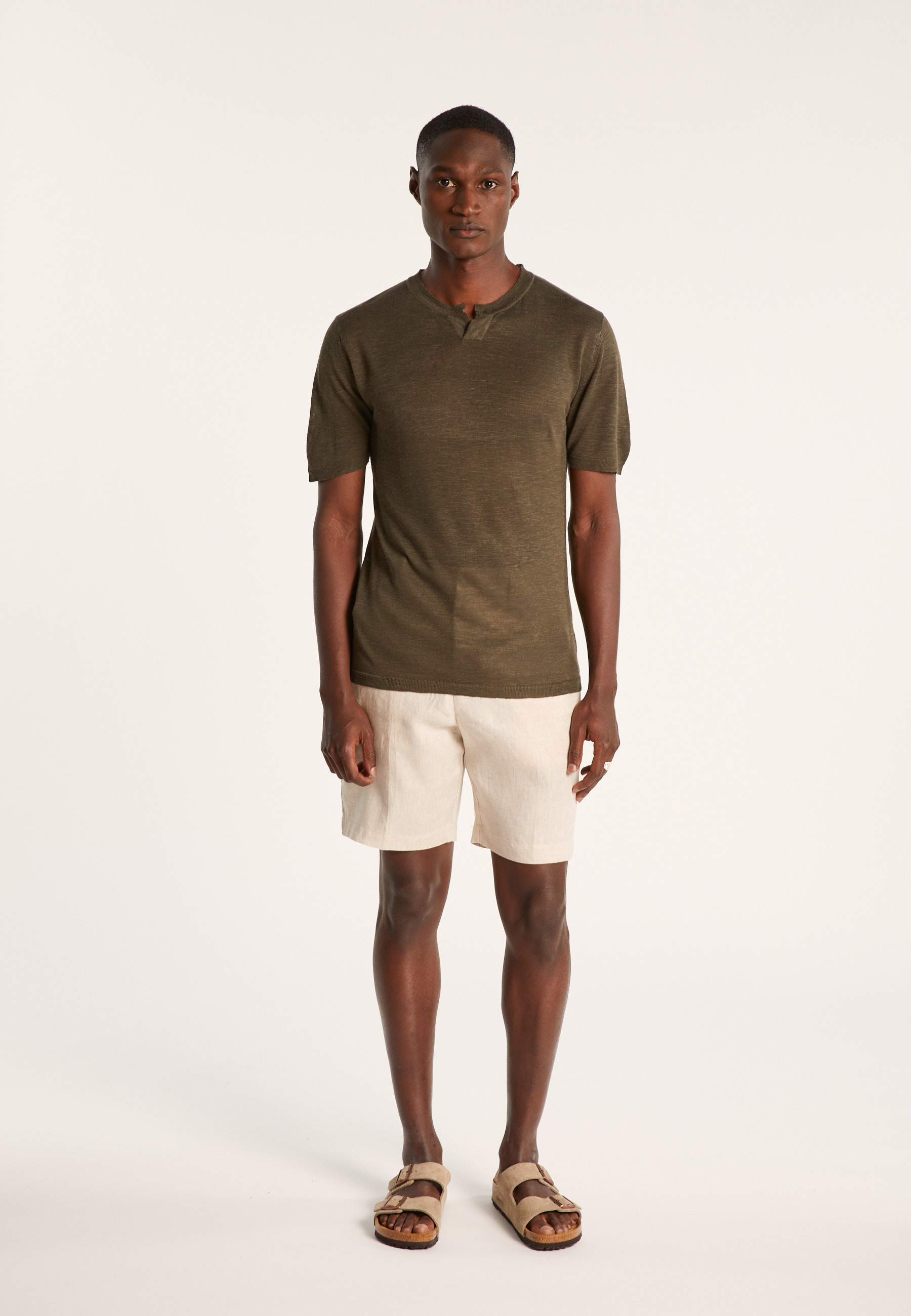 T-shirt col tunisien en lin flammé - Baraka 7212 fusain - 83 Kaki