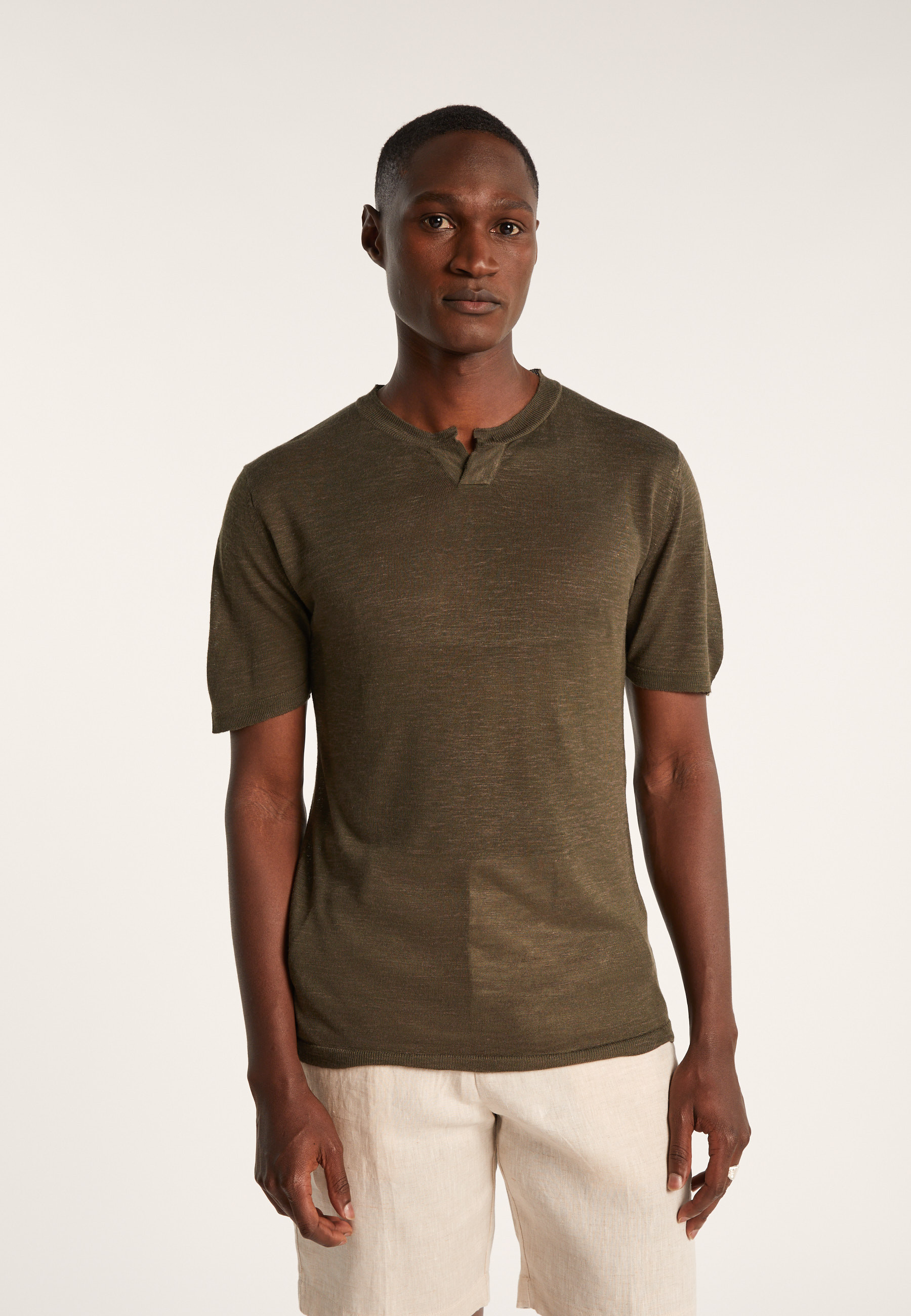 T-shirt col tunisien en lin flammé - Baraka 7212 fusain - 83 Kaki