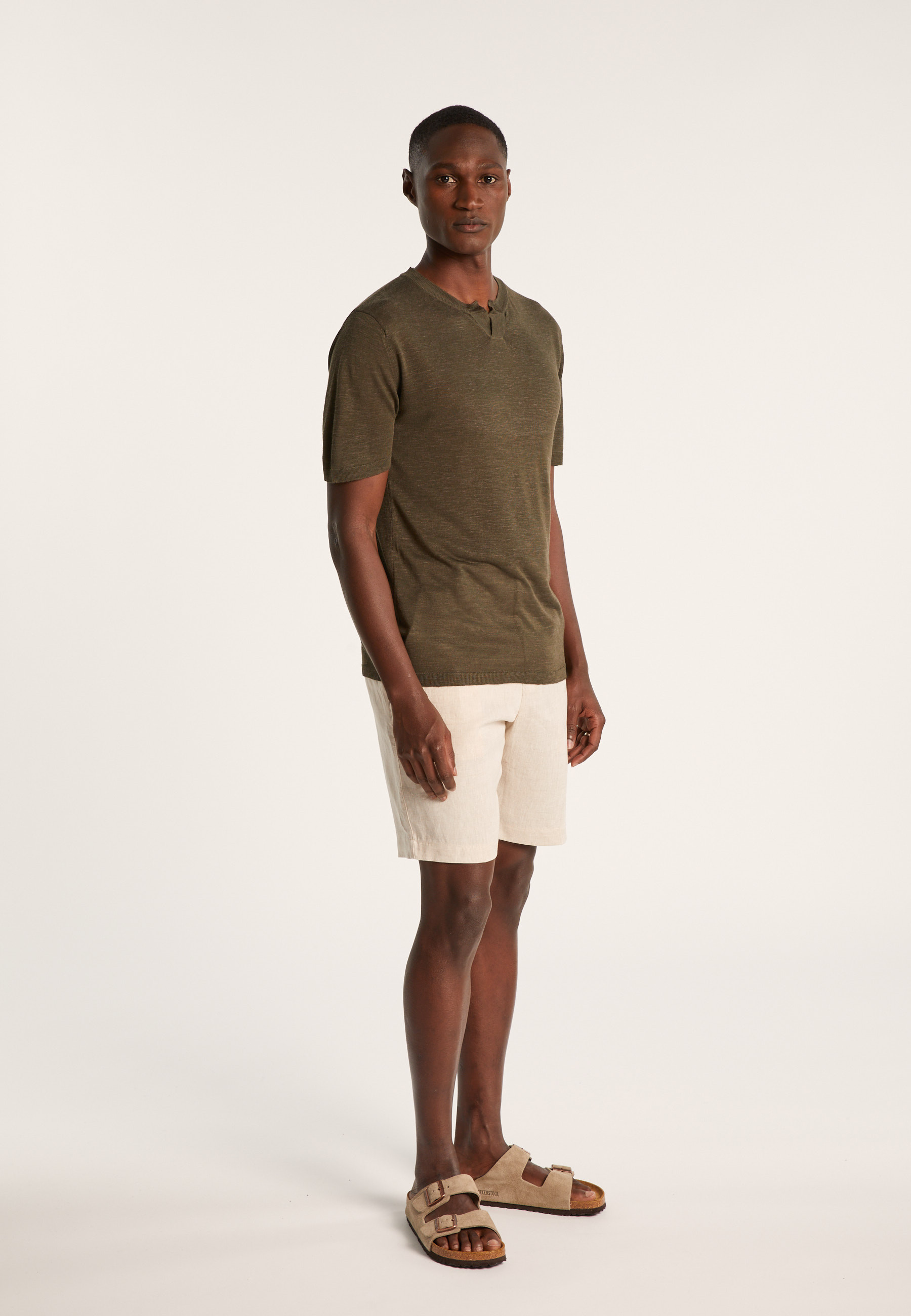 T-shirt col tunisien en lin flammé - Baraka 7212 fusain - 83 Kaki
