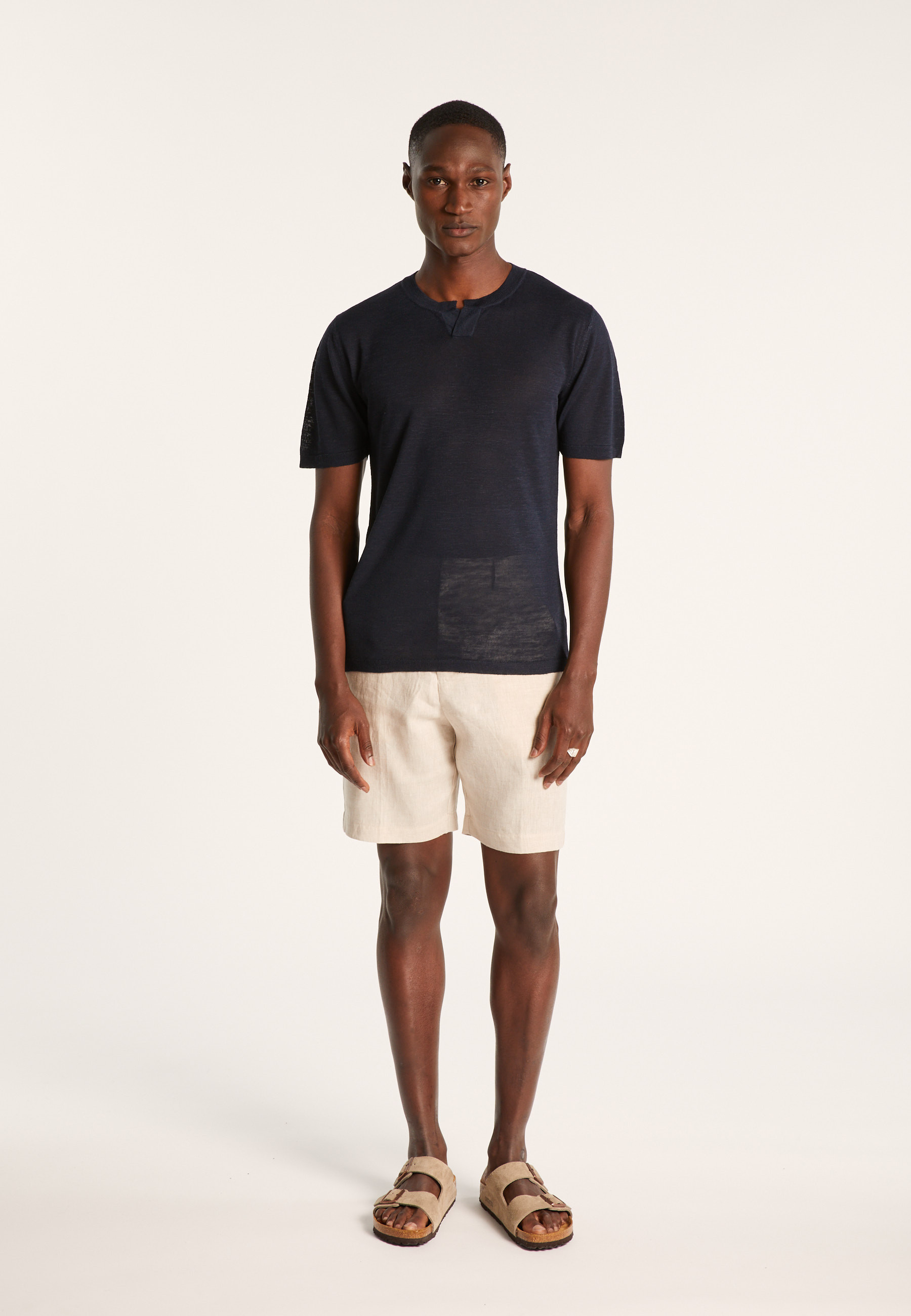 T-shirt col tunisien en lin flammé - Baraka 7212 fusain - 83 Kaki