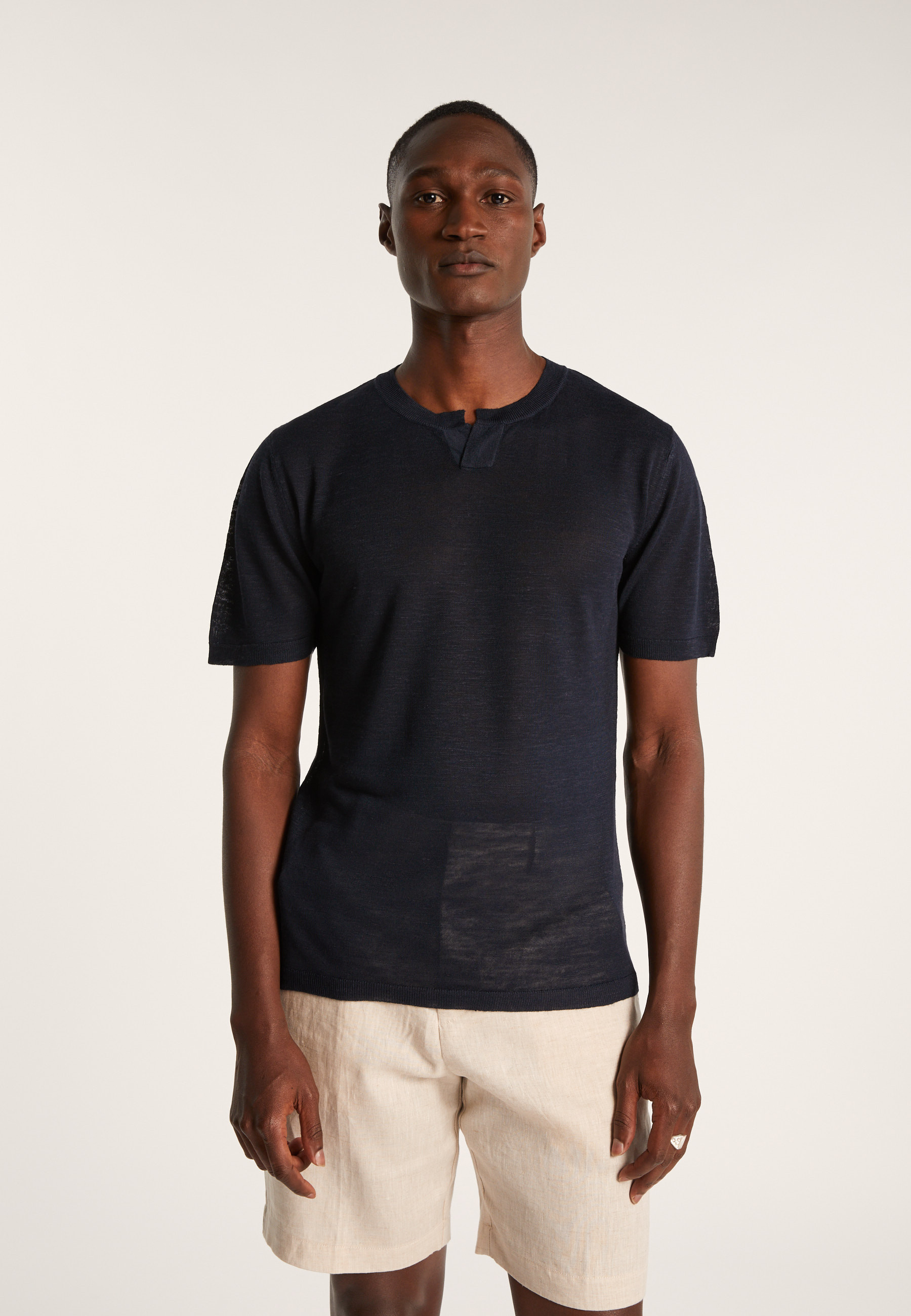 T-shirt col tunisien en lin flammé - Baraka 7212 fusain - 83 Kaki