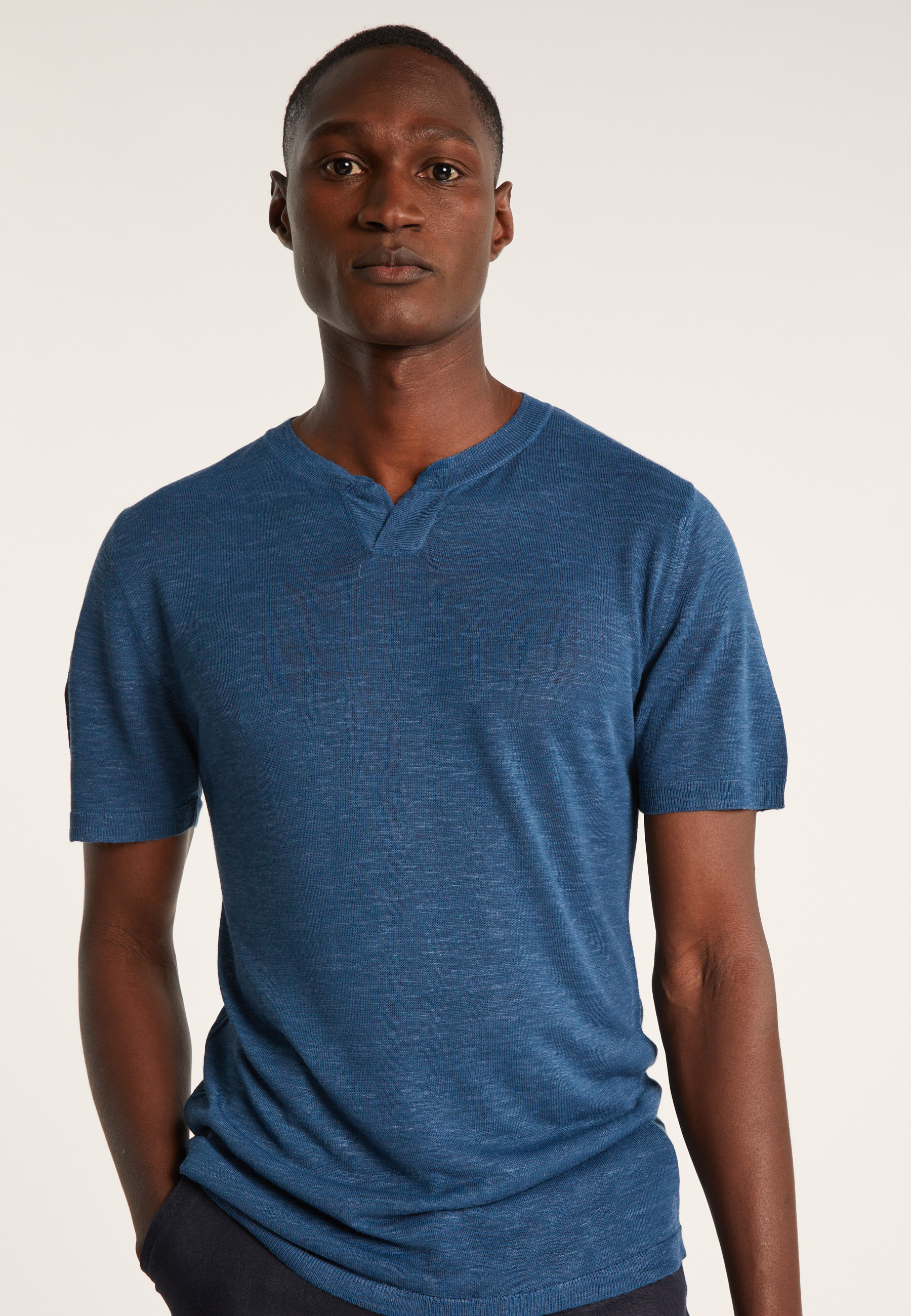 T-shirt col tunisien en lin flammé - Baraka 7212 fusain - 83 Kaki
