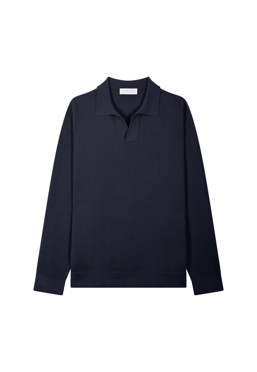 Long-sleeved polo shirt in flamed cotton and linen - Ido