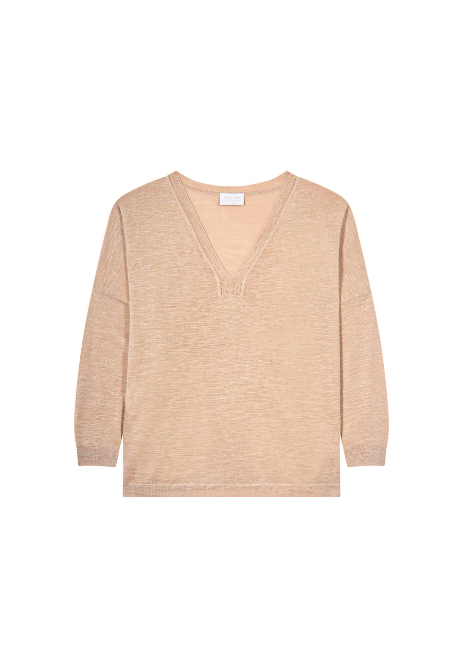 Long-sleeved V-neck t-shirt in slub linen - Beja