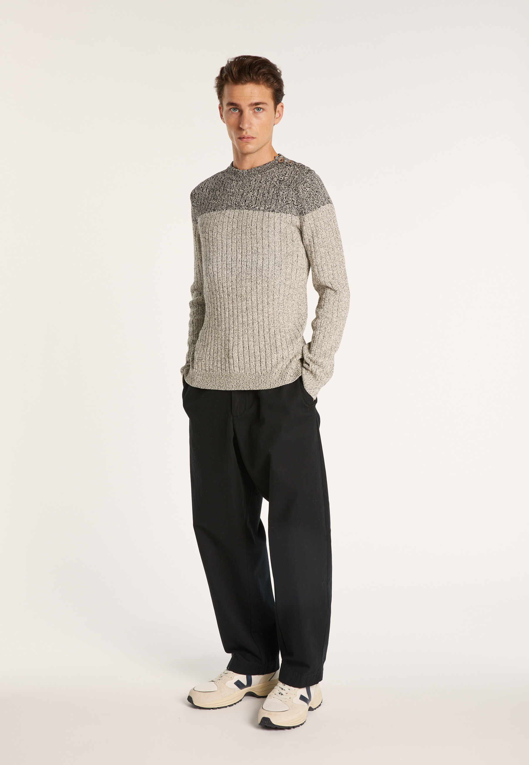 Pull bicolore en coton Bertrand 6219 Gris chiné clair - 11 Gris clair