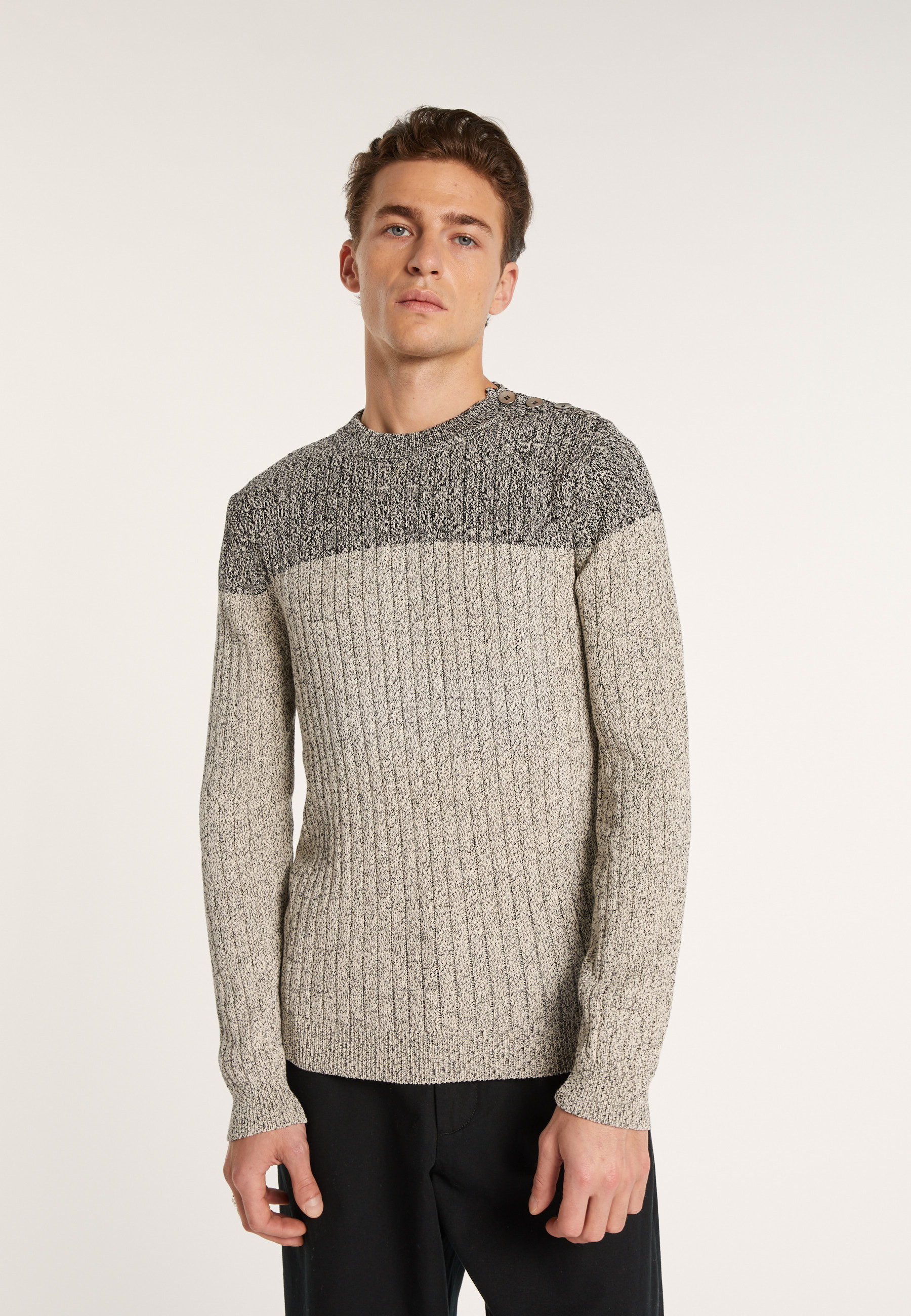 Pull bicolore en coton Bertrand 6219 Gris chiné clair - 11 Gris clair