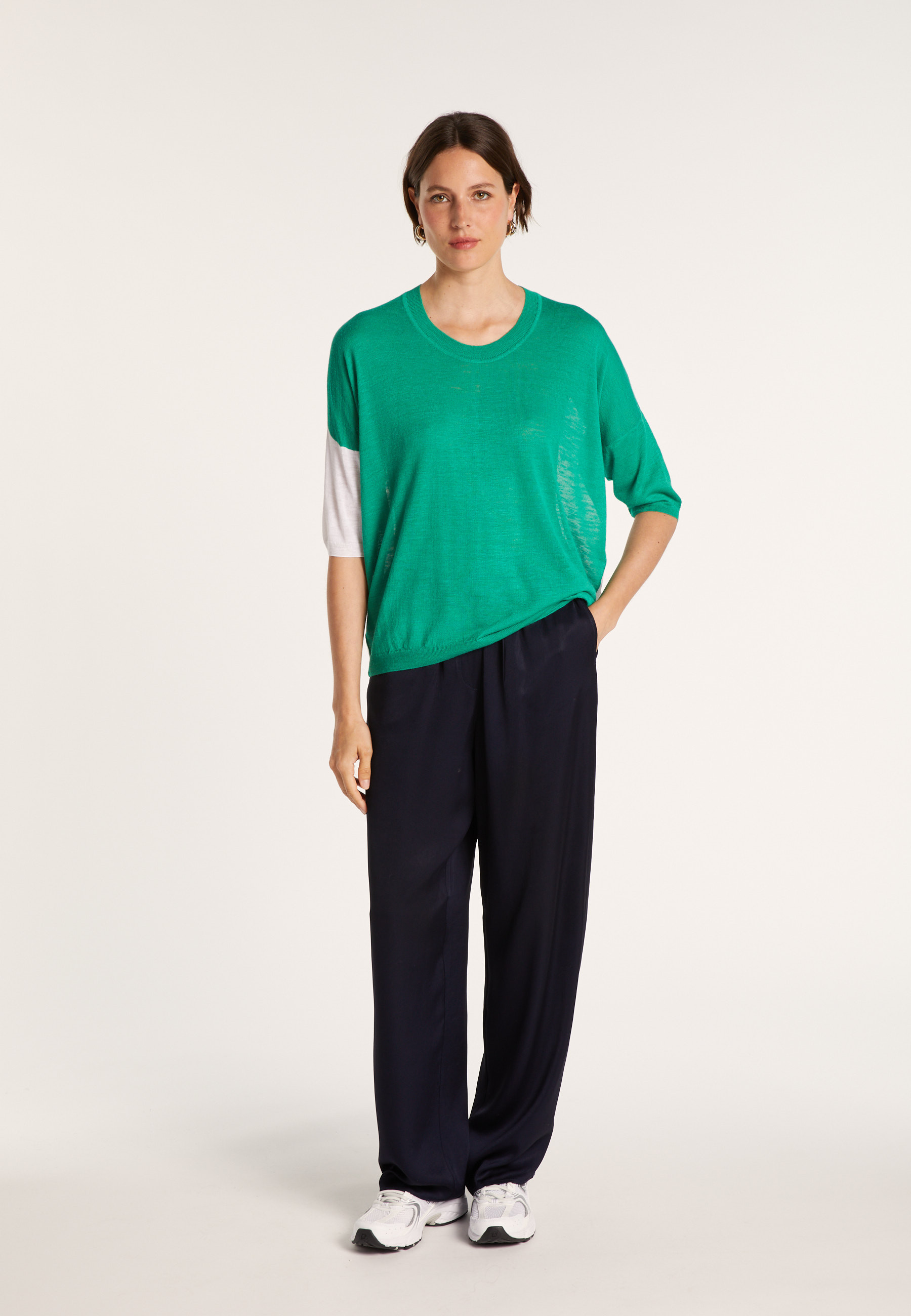 T-shirt ample col rond en lin flammé bicolore - Mairena bis 7336 veronese/blanc - 22 Vert moyen
