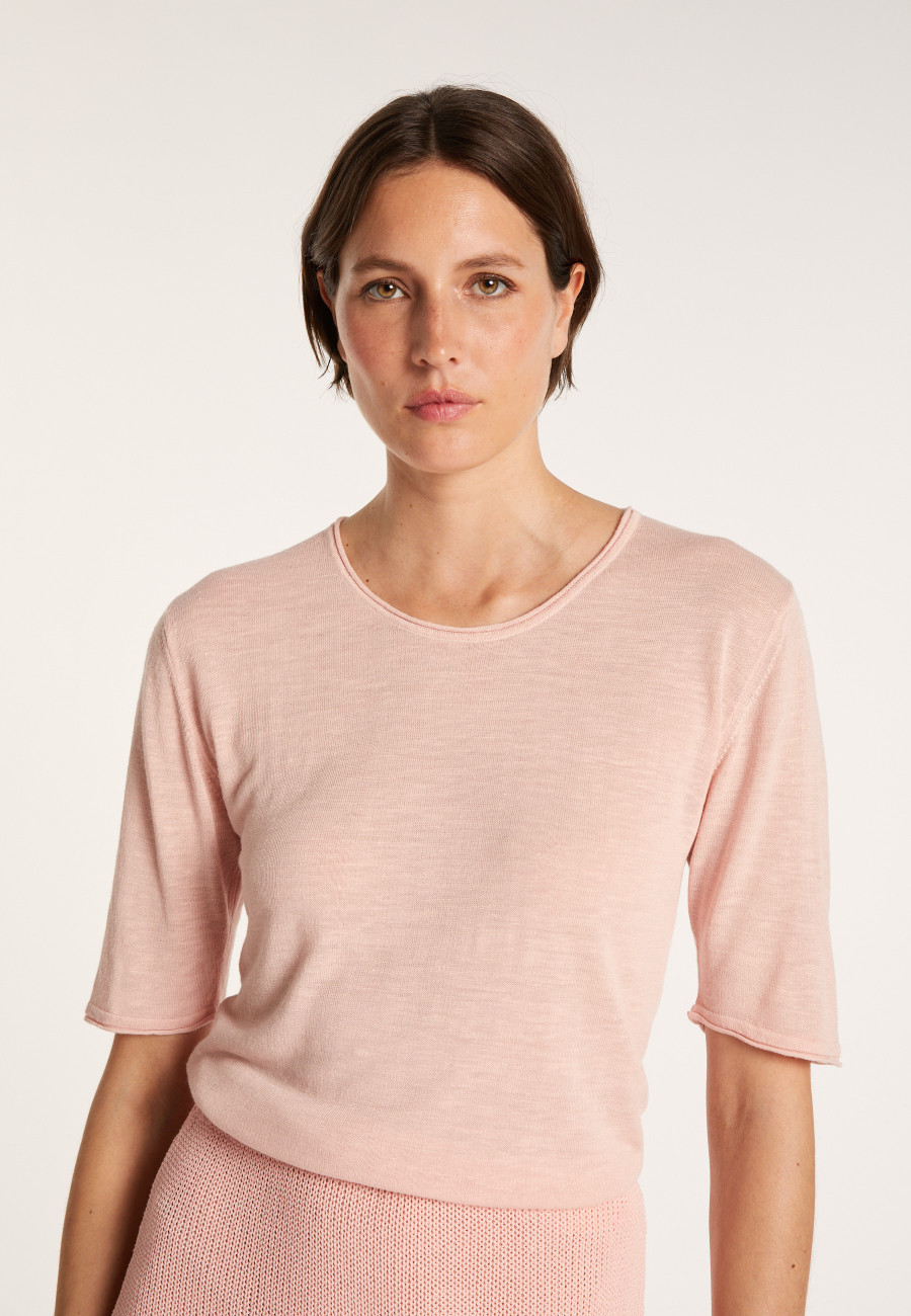 Camiseta gola redonda em linho flamejado com mangas cotovelo - Mady