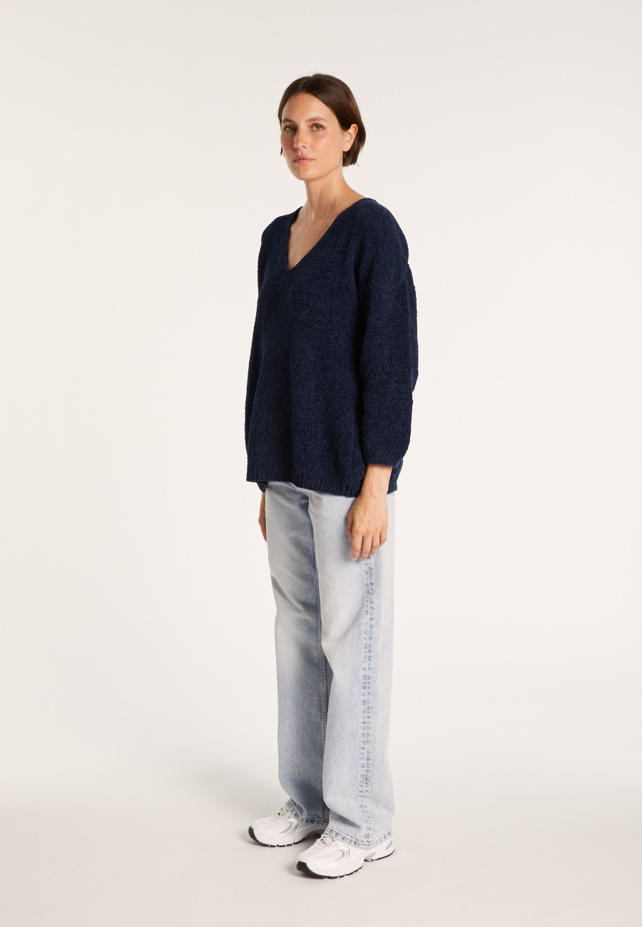 Cotton velvet jumper with deep V-neck - MARIETTE