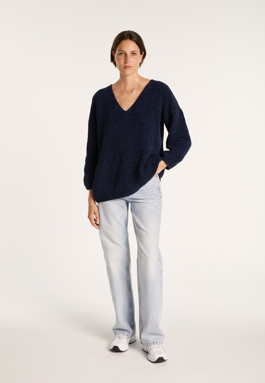 Cotton velvet jumper with deep V-neck - MARIETTE