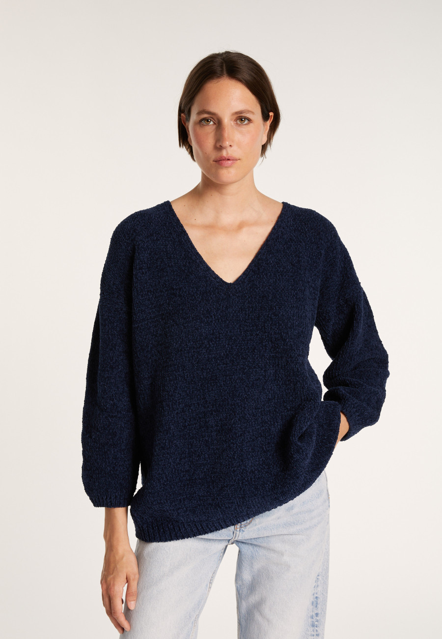 Cotton velvet jumper with deep V-neck - MARIETTE
