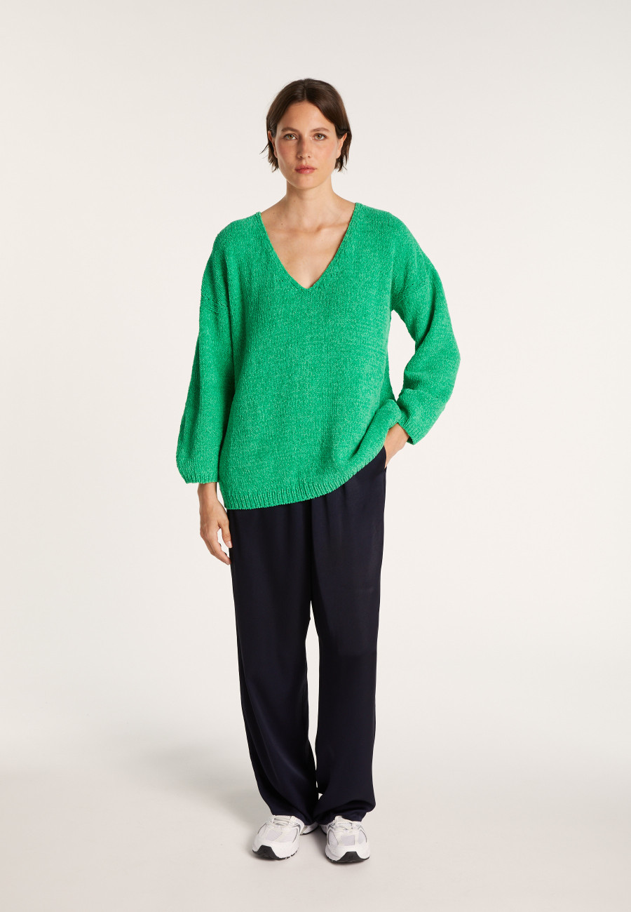 Cotton velvet jumper with deep V-neck - MARIETTE