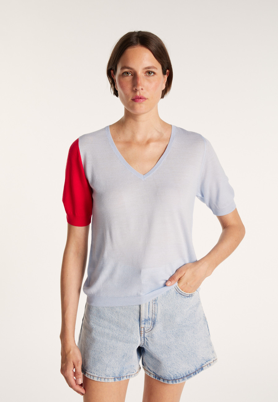 Short-sleeved V-neck jumper in two-tone wool - JACKIE