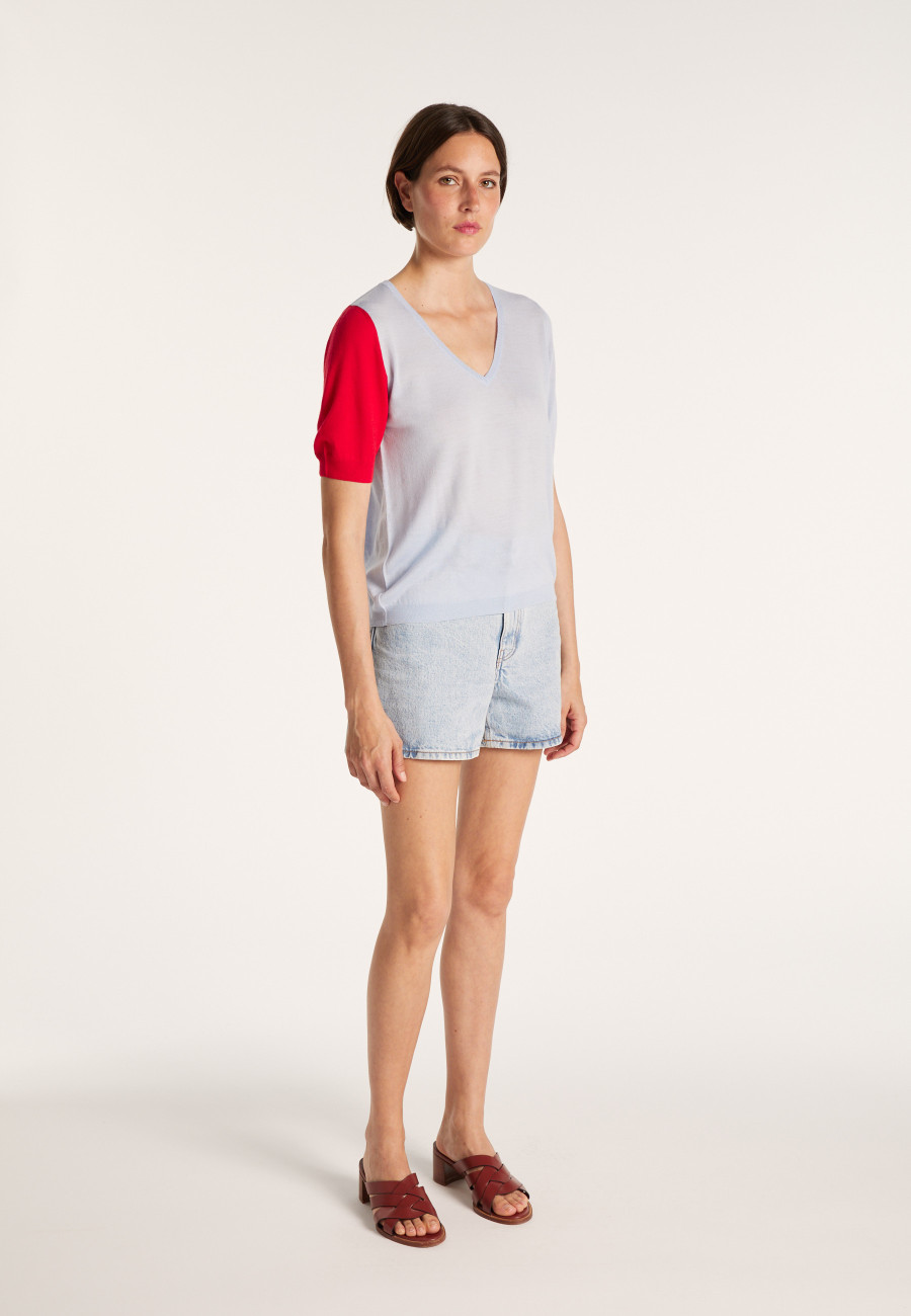 Short-sleeved V-neck jumper in two-tone wool - JACKIE