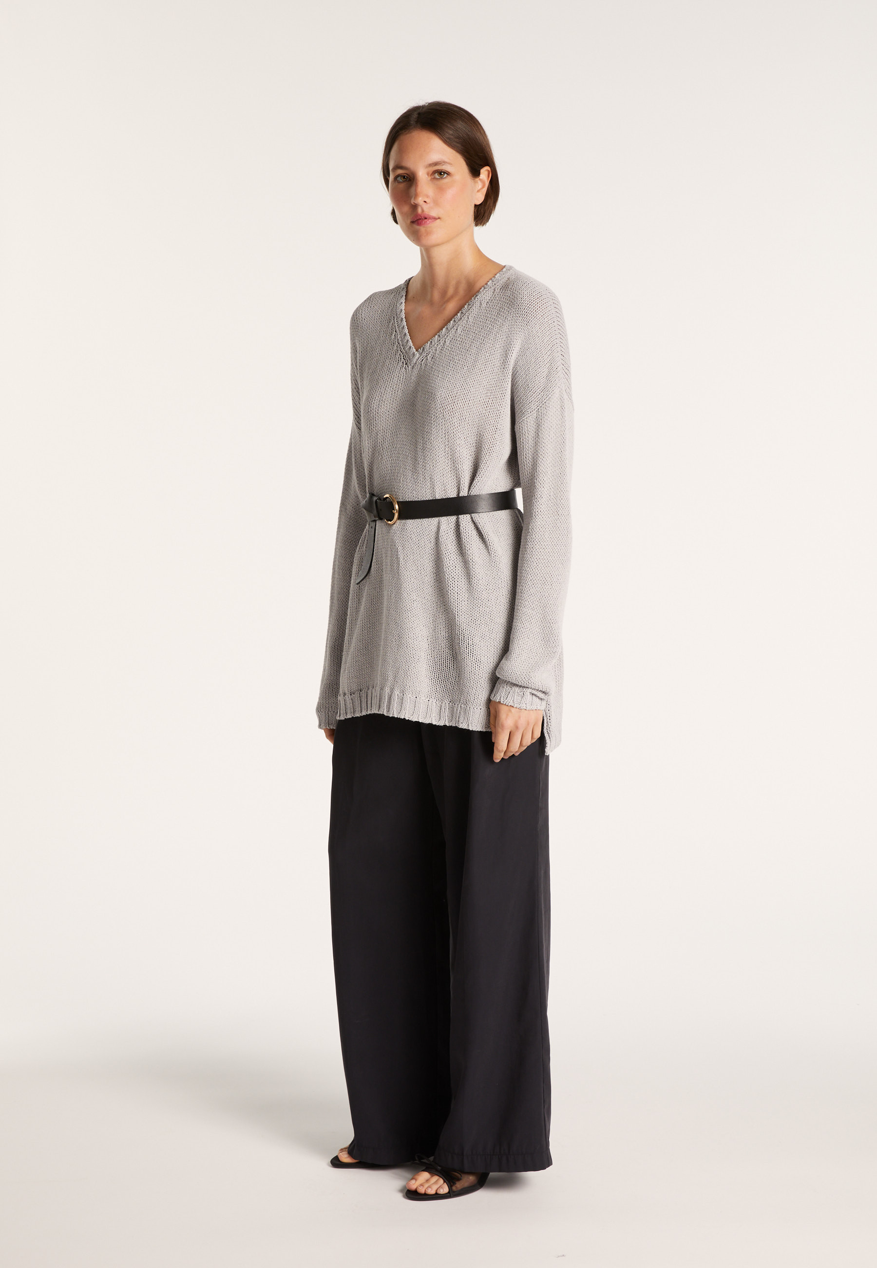 Grand pull col v en grosse maille - Balata 7213 givre - 11 Gris clair