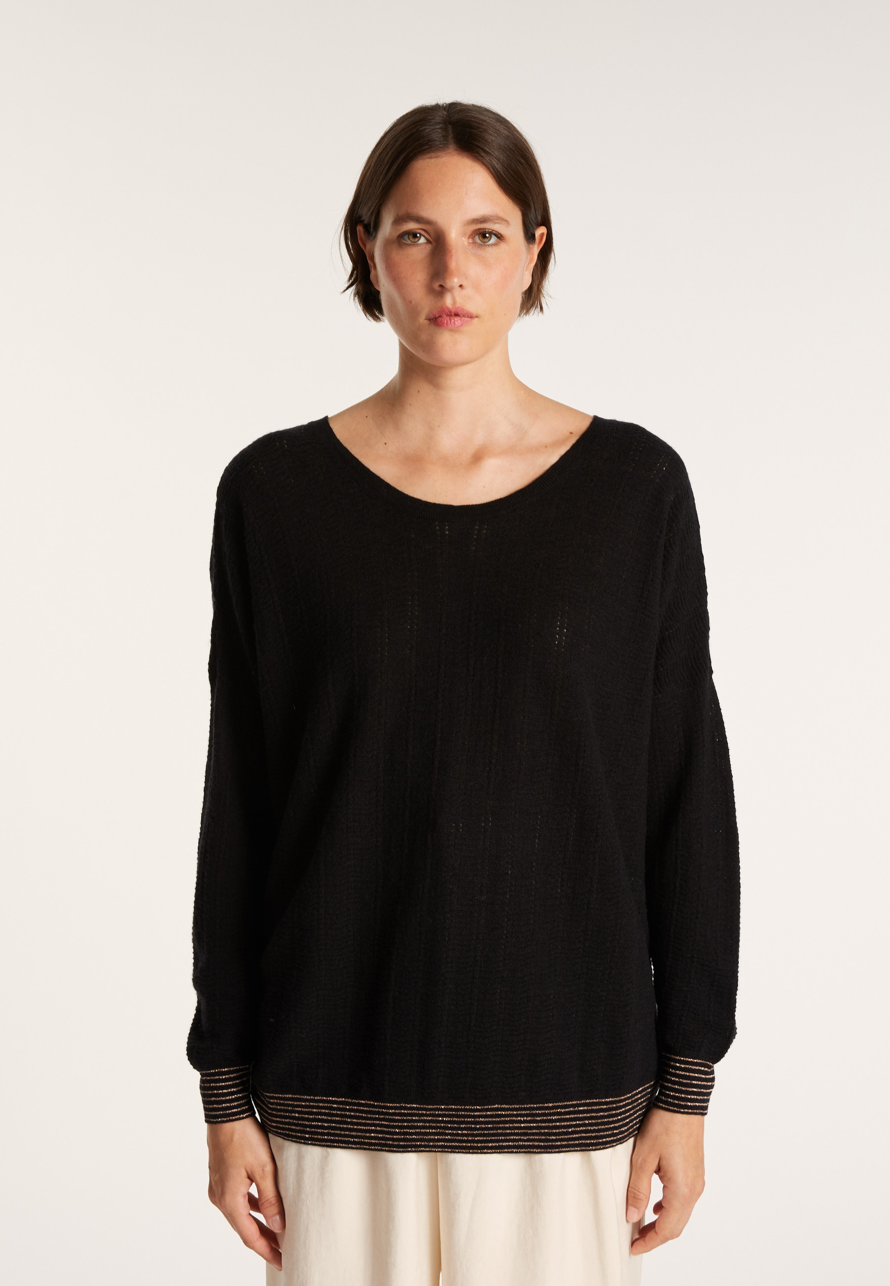 Pull col rond en cachemire lin - Ambre  6840- 05 Bleu Marine Noir