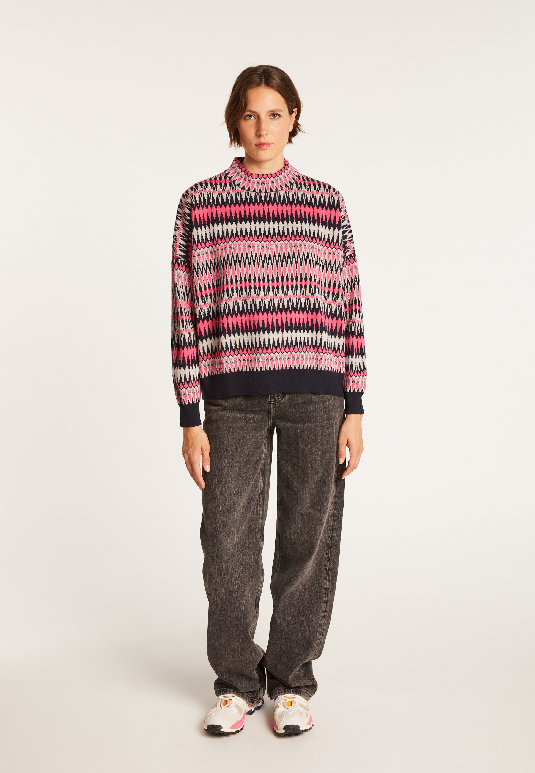 Pull motifs aztèques en  laine - Fidji 7159 marine/vapeur/pivoine 05 Bleu marine