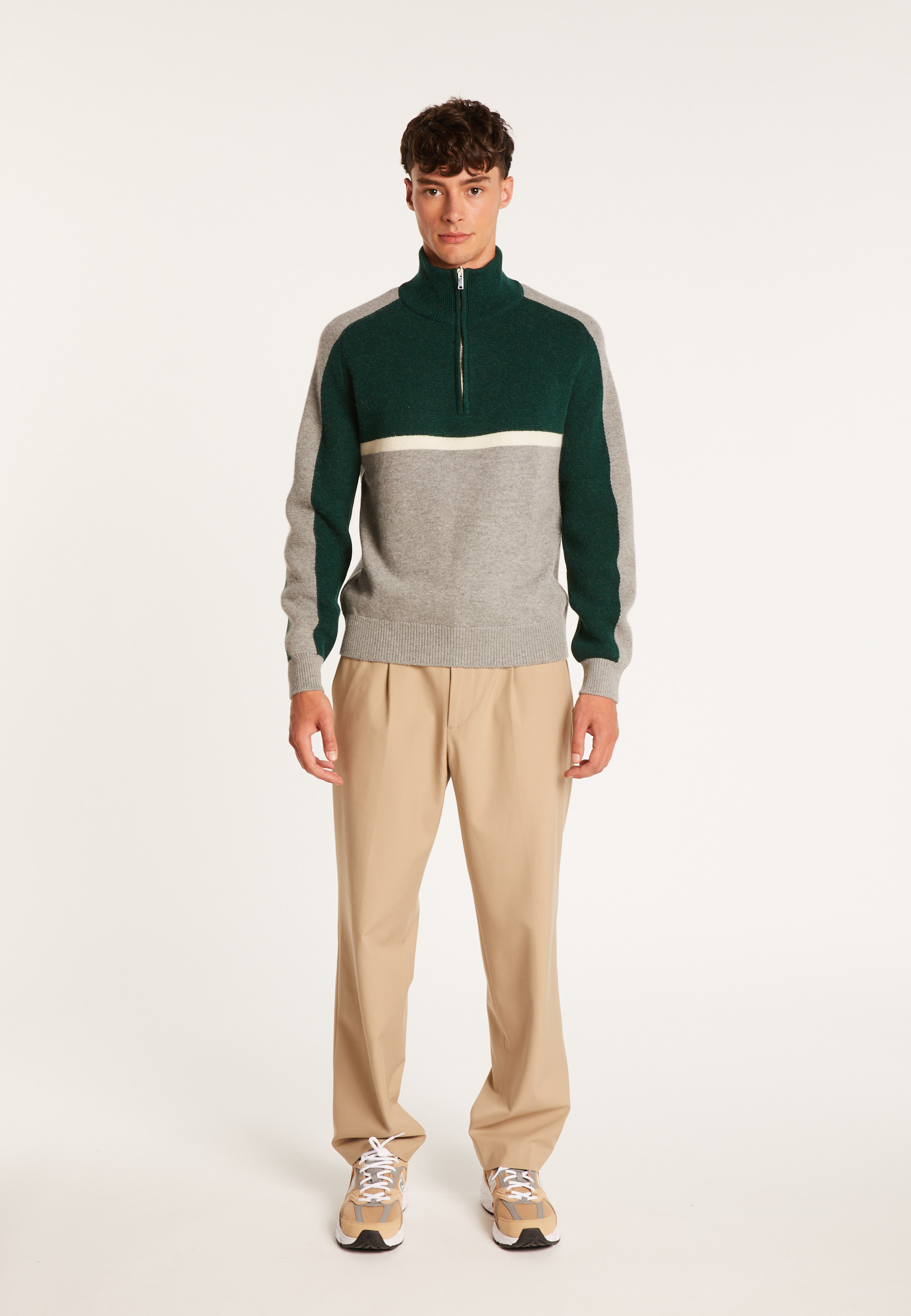 Pull tricolore col camionneur en laine alpaga - Augustin 7552 volute/ecru/sapin - 11 Gris clair 