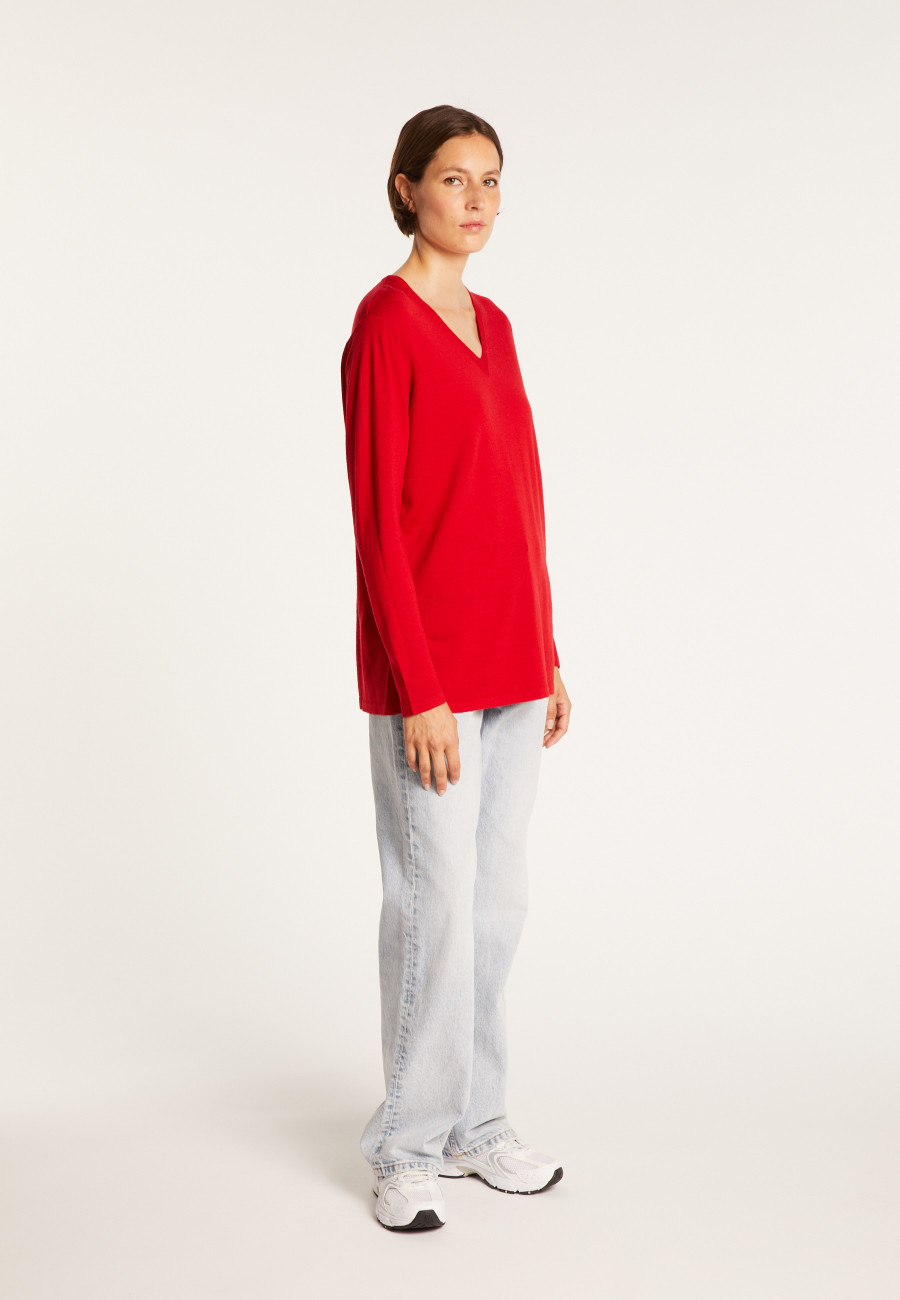 Suéter longo de lã merino com decote em V - Cité