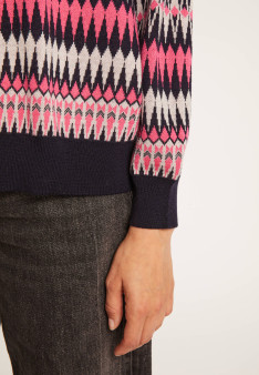 Pull motifs aztèques en  laine - Fidji 7159 marine/vapeur/pivoine 05 Bleu marine