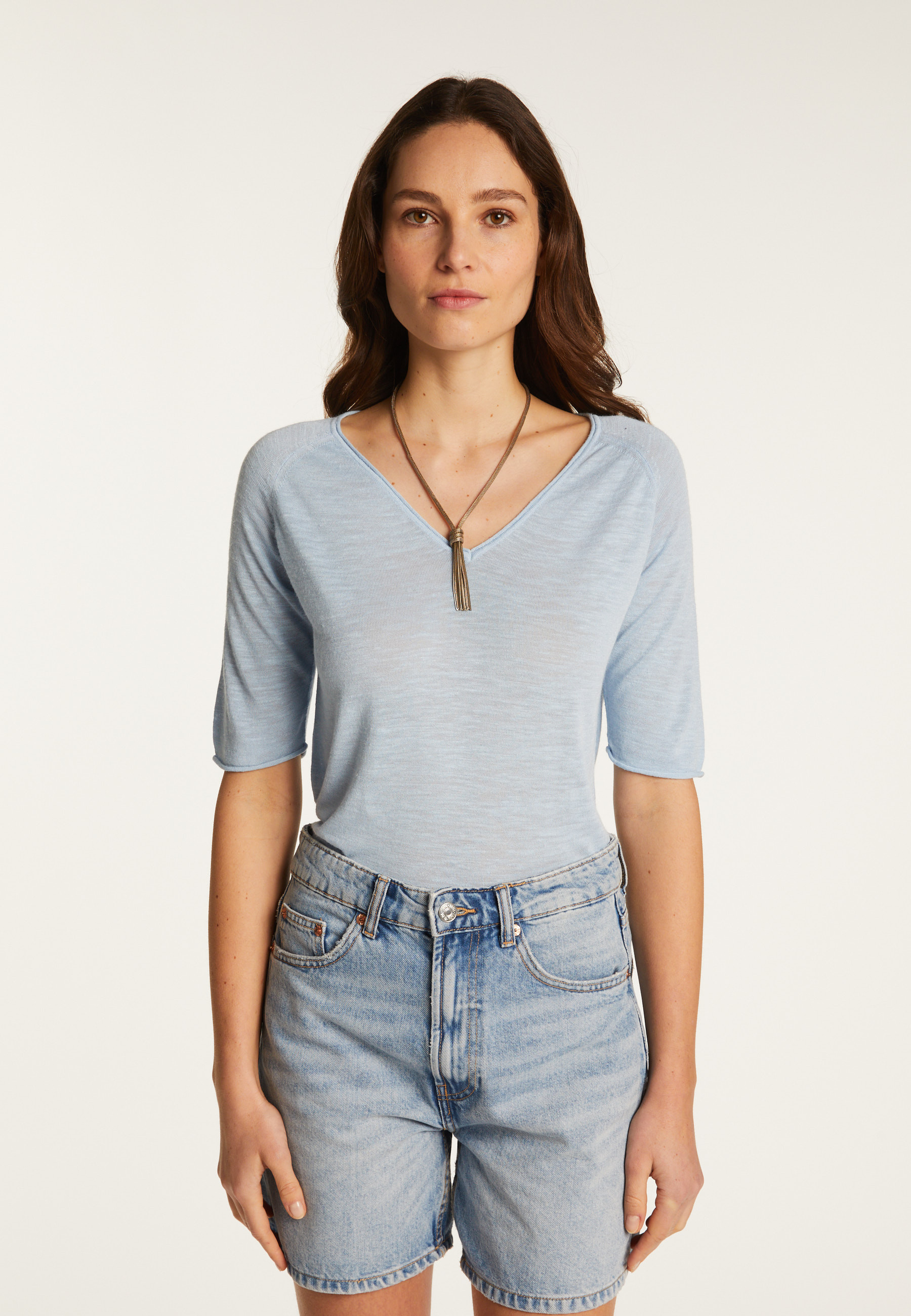 Flamed linen V-neck t-shirt - Bonbon