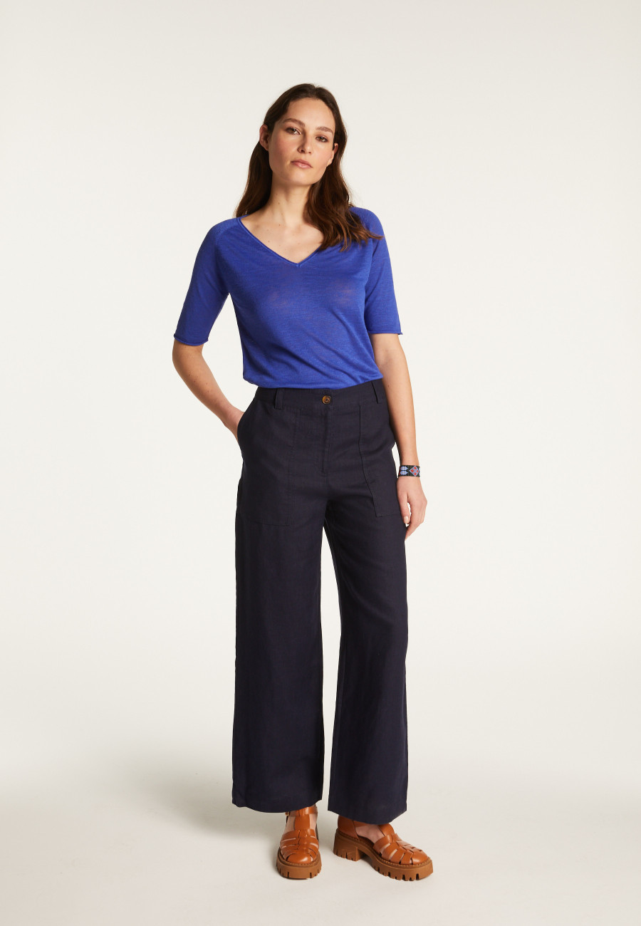 Flamed linen V-neck t-shirt - Bonbon