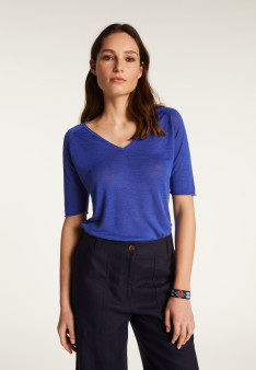 Flamed linen V-neck t-shirt - Bonbon