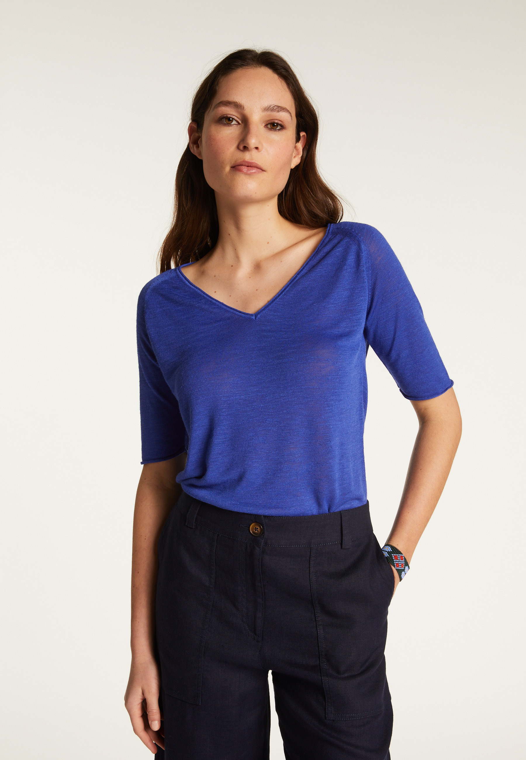 T-shirt col V en lin flammé - Bonbon