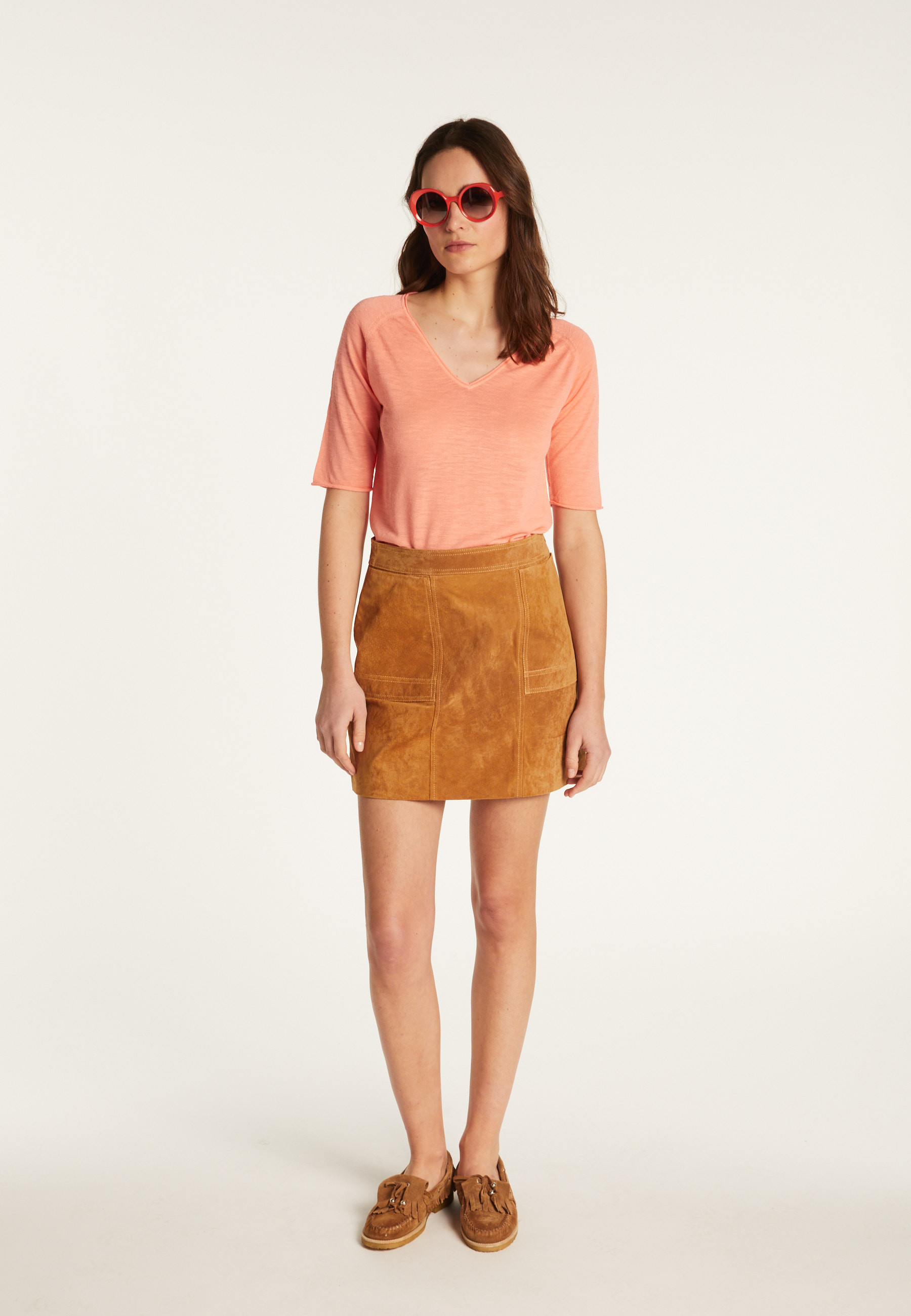 Flamed linen V-neck t-shirt - Bonbon