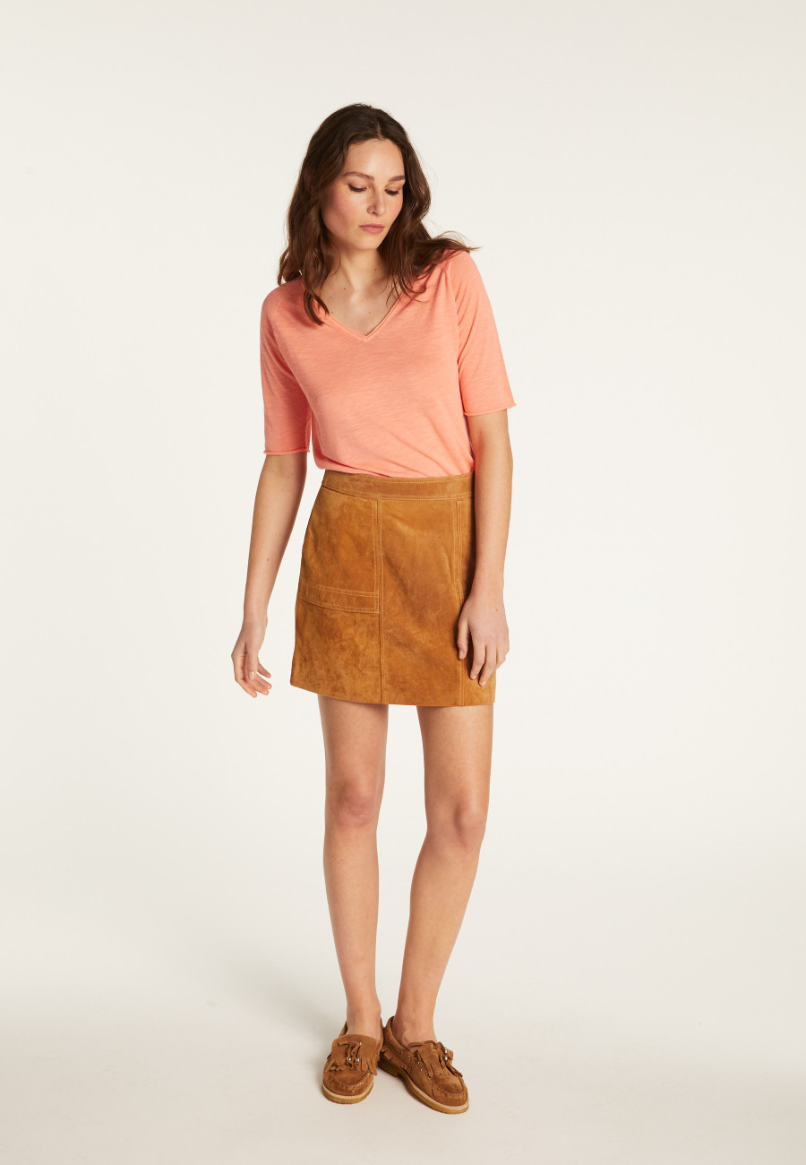 Flamed linen V-neck t-shirt - Bonbon