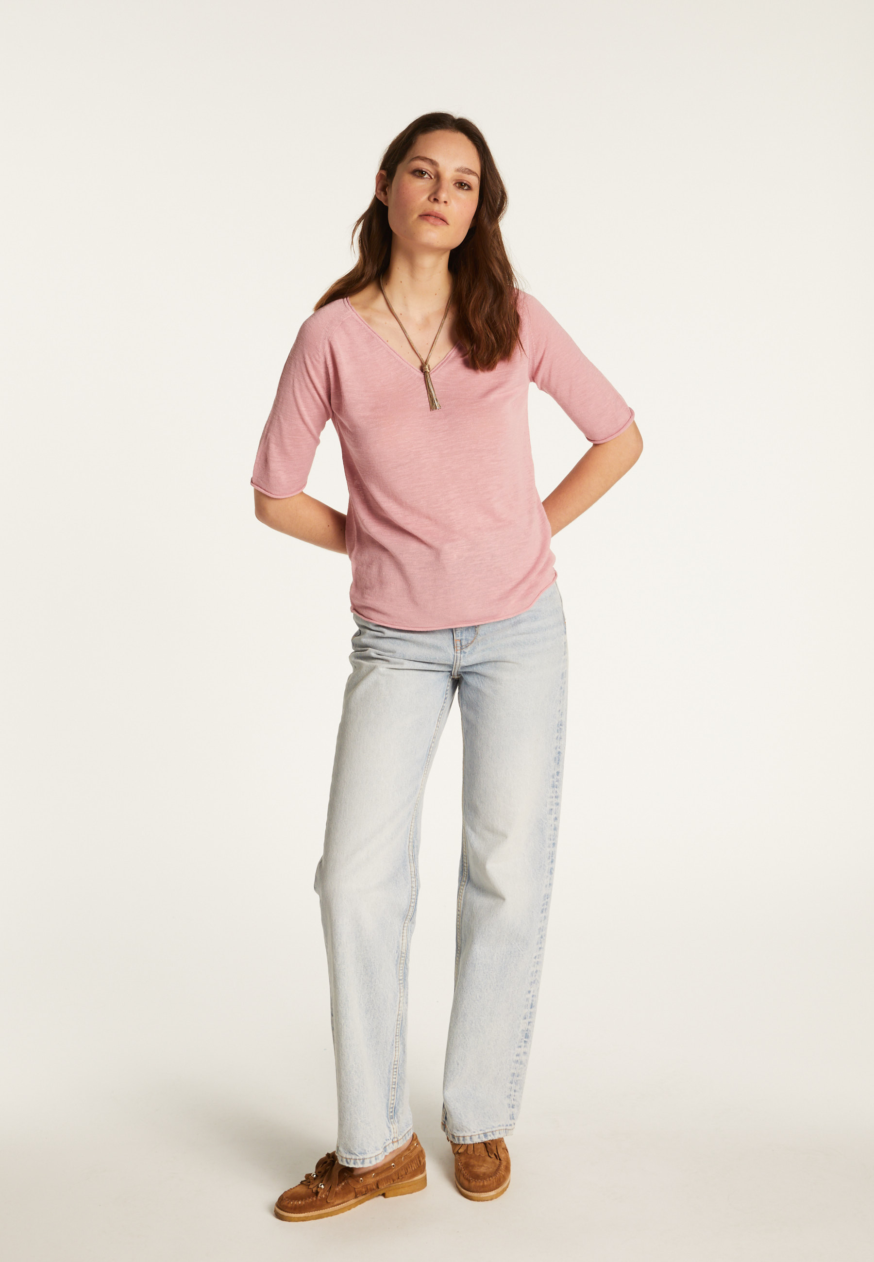 T-shirt col V en lin flammé - Bonbon