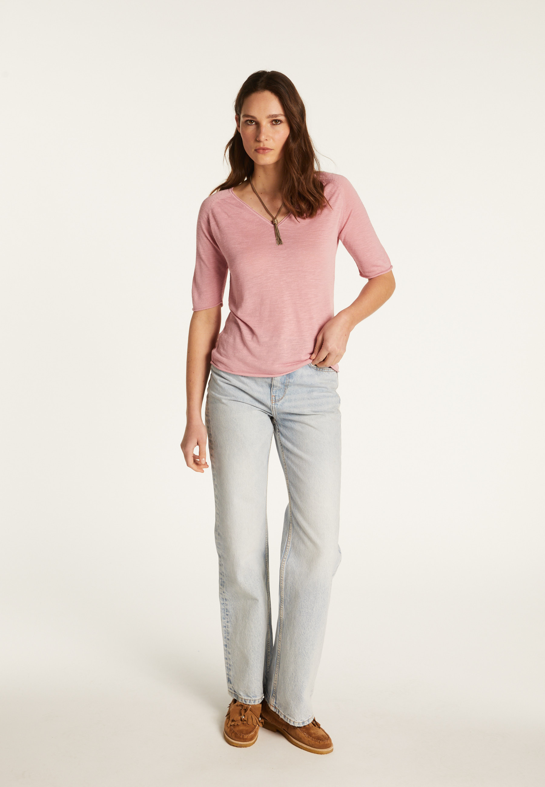 Flamed linen V-neck t-shirt - Bonbon