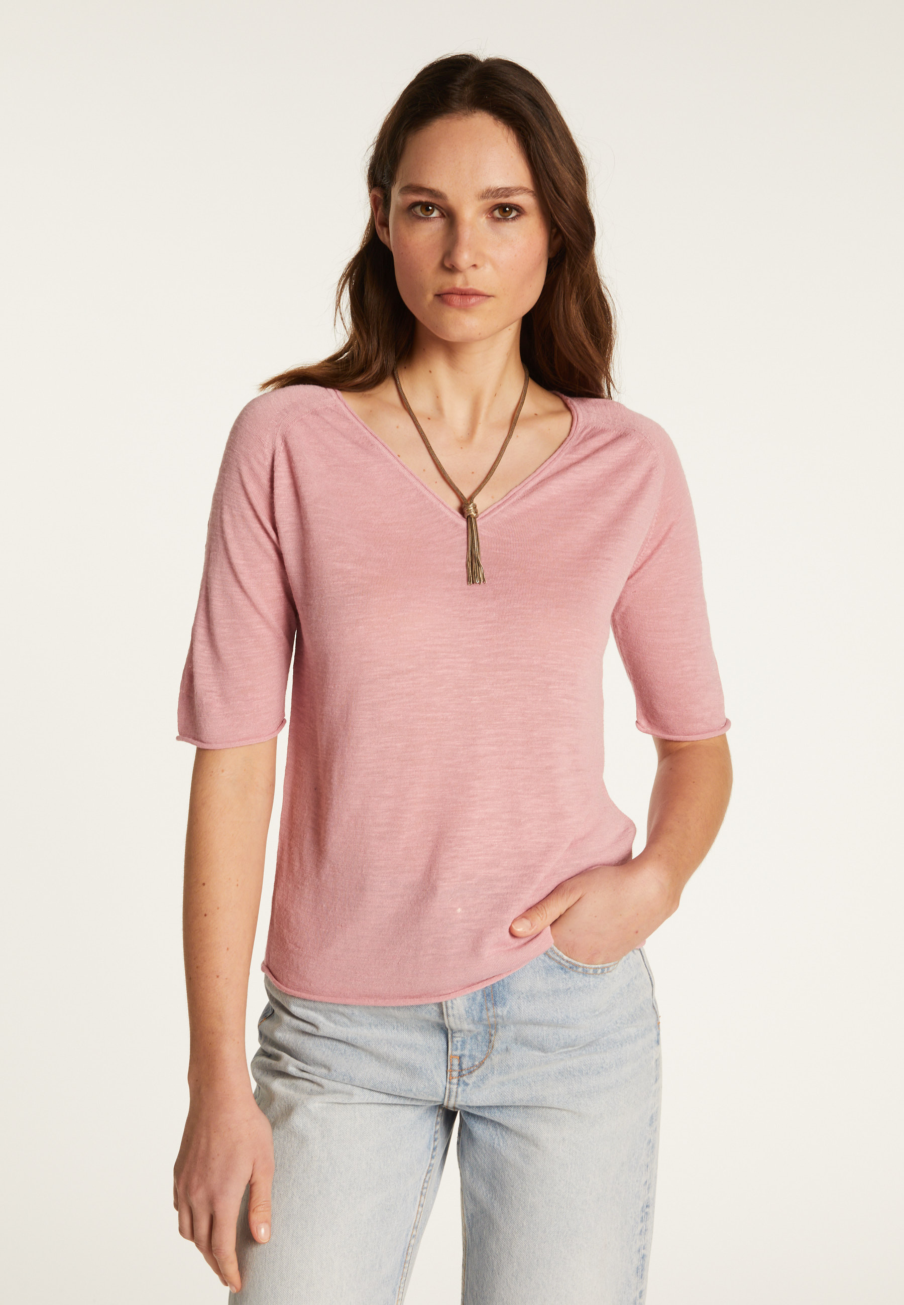 T-shirt col V en lin flammé - Bonbon