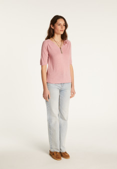 Flamed linen V-neck t-shirt - Bonbon