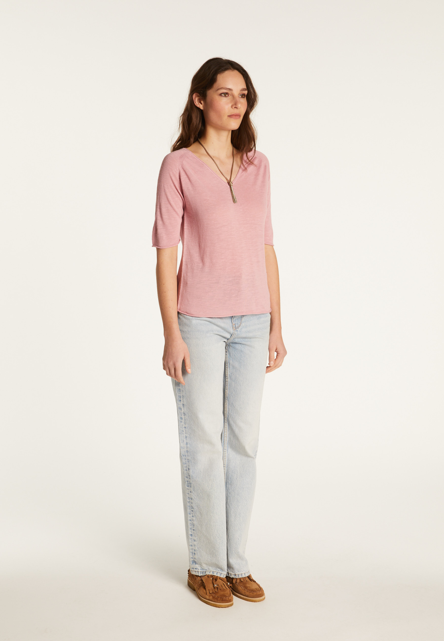 T-shirt col V en lin flammé - Bonbon