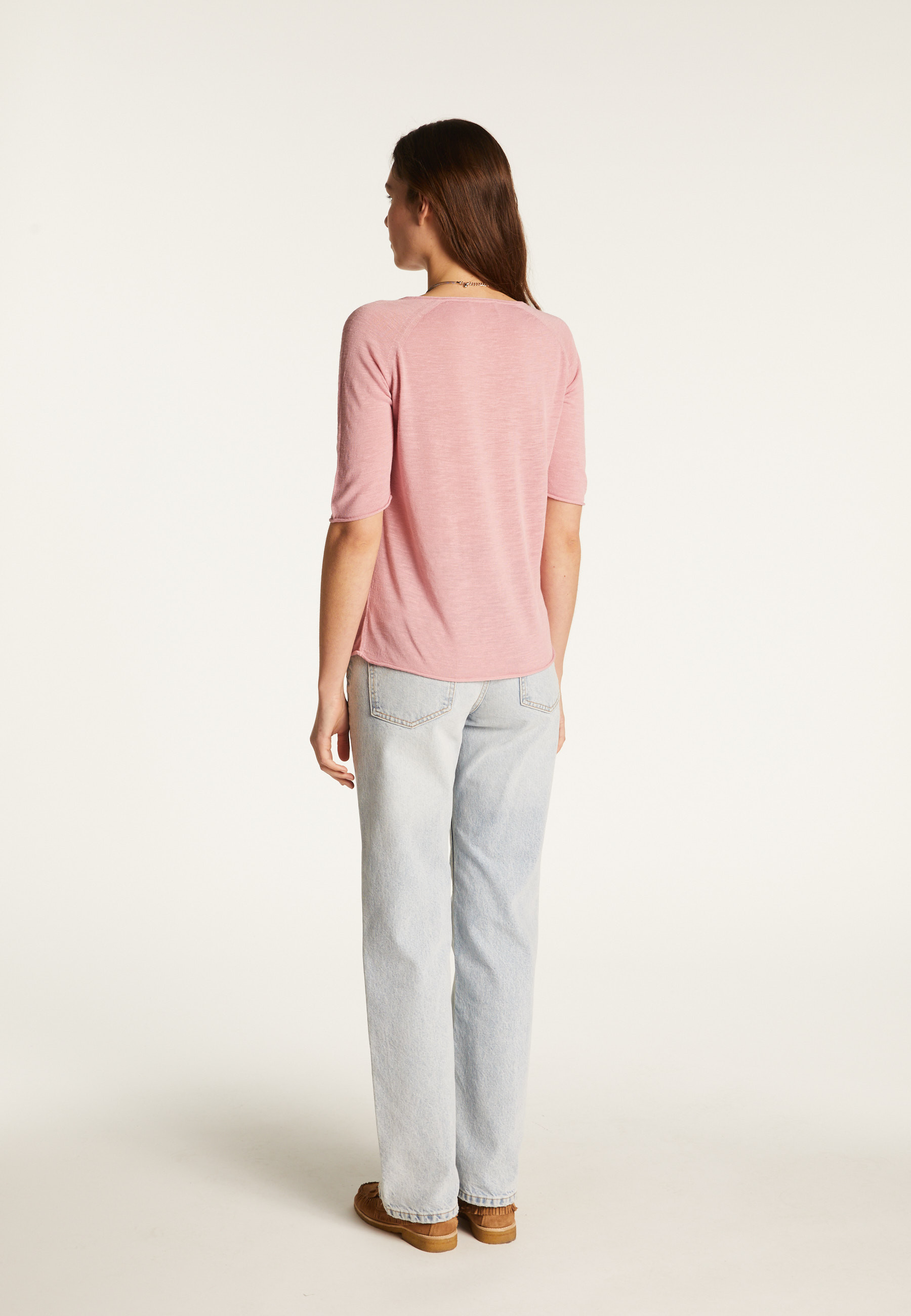 Flamed linen V-neck t-shirt - Bonbon