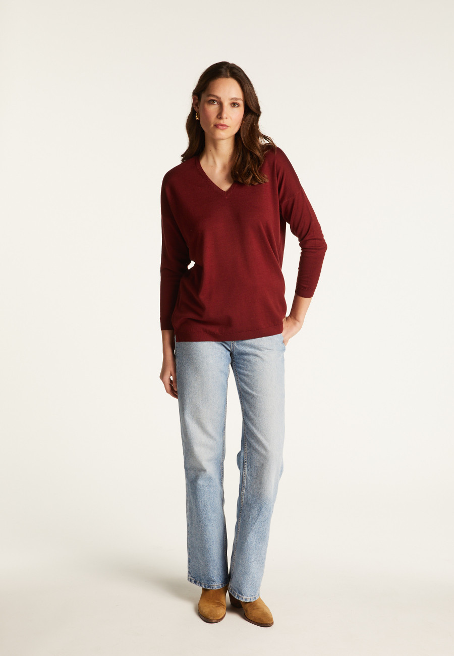 V-neck slit sweater in merino wool - Bernice