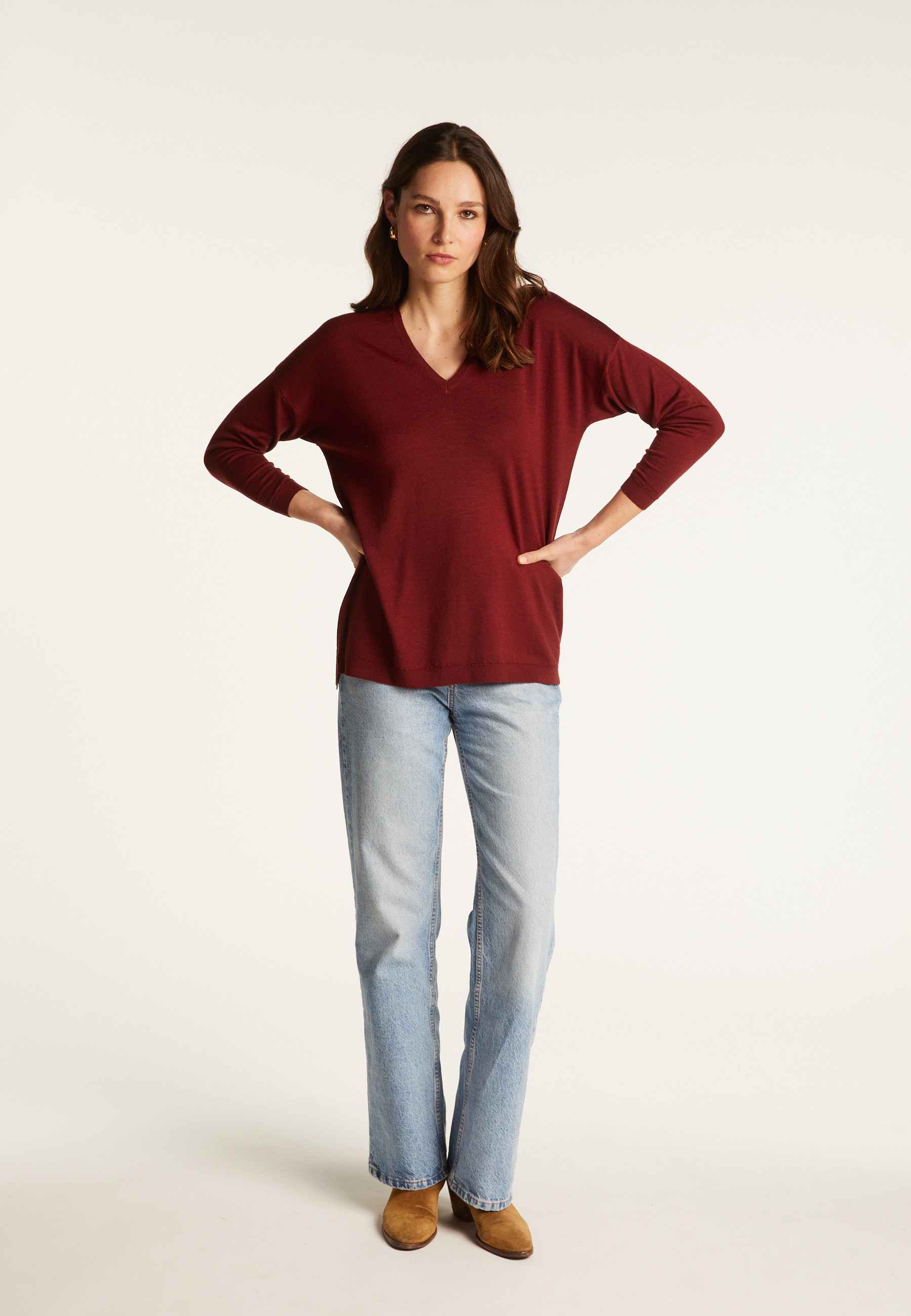 Pull à fentes col v en laine - Bernice 7002 arome - 82 Ecru