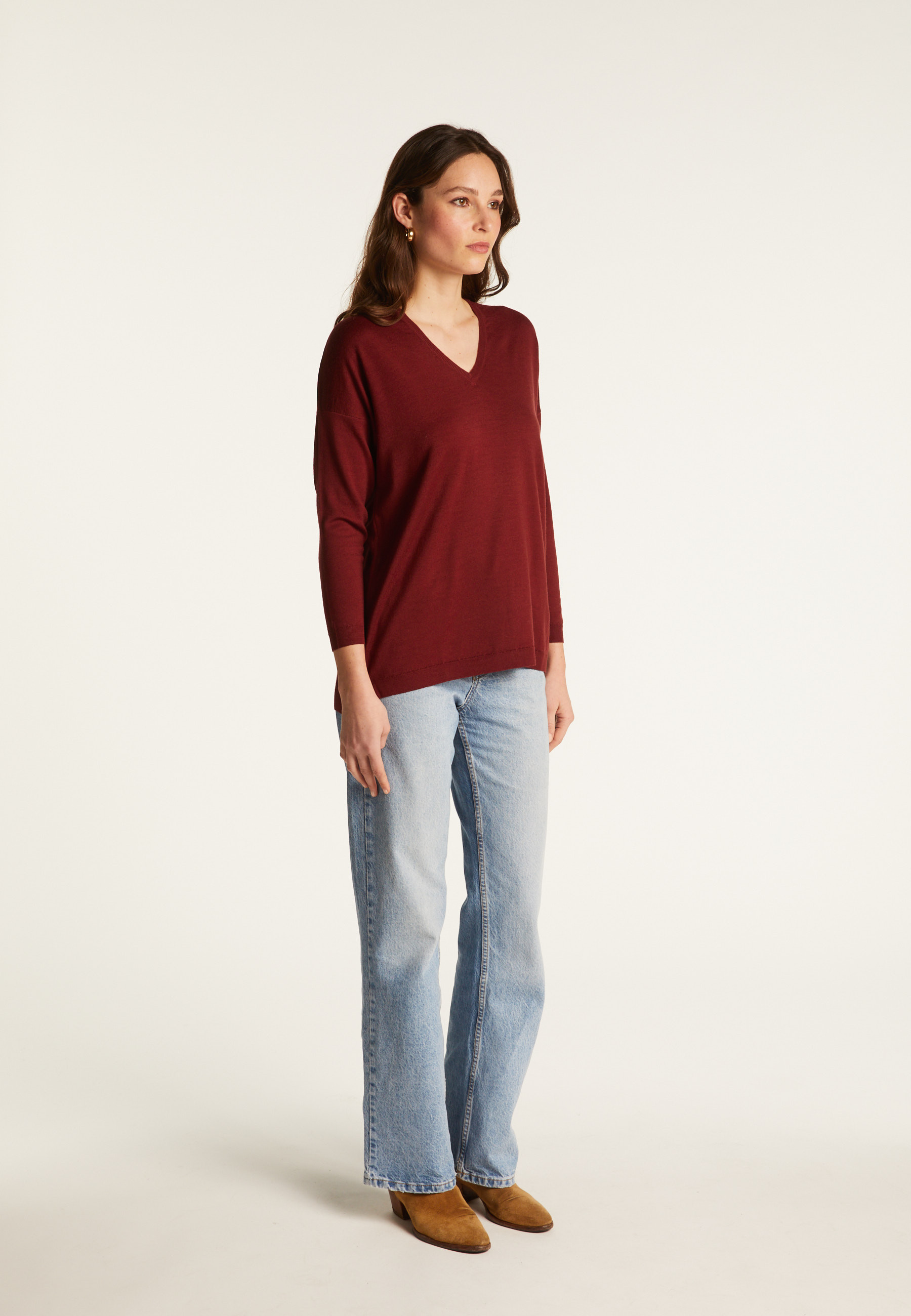 Pull à fentes col v en laine - Bernice 7002 arome - 82 Ecru