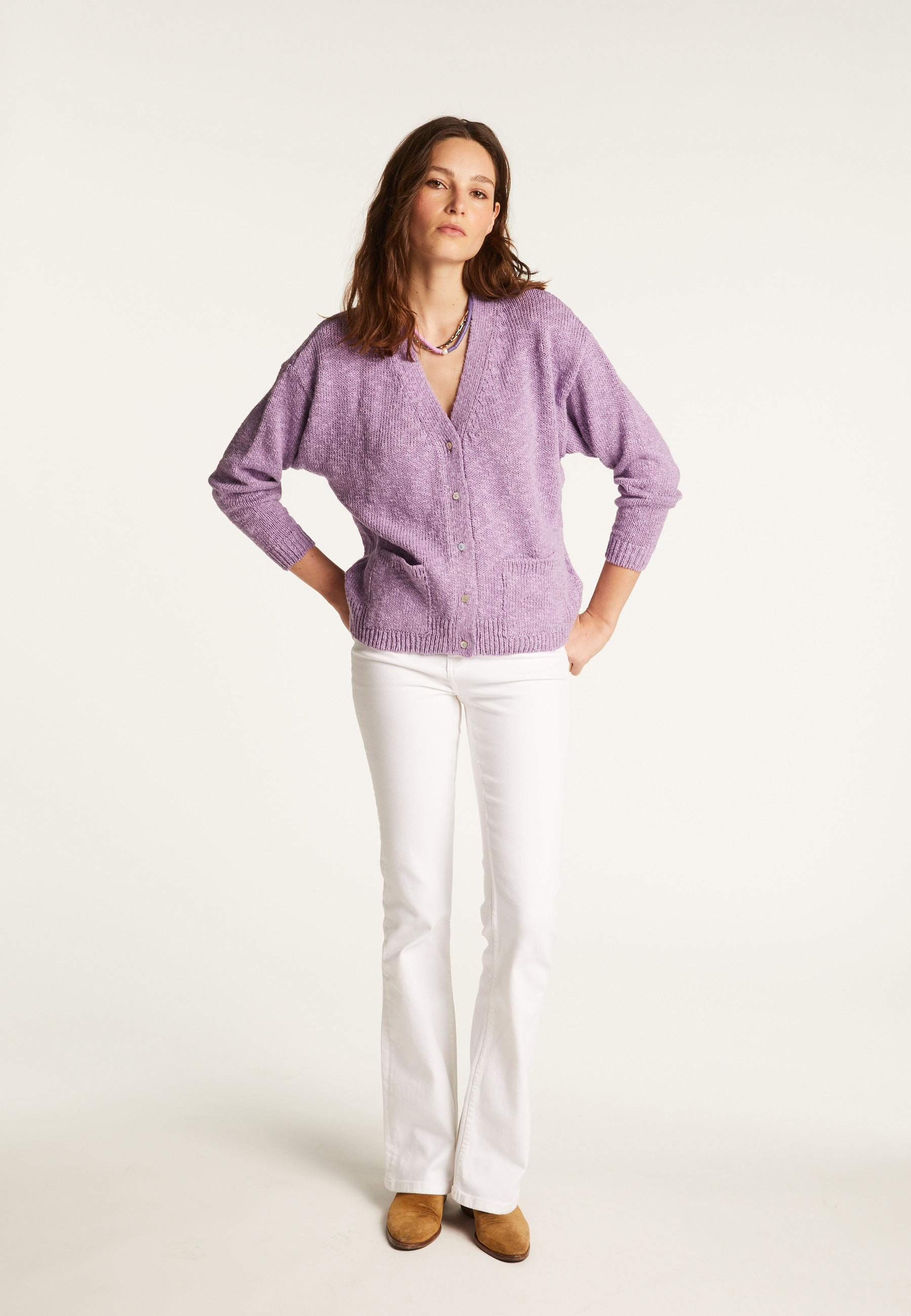 Gilet col V en coton et lin - Thais 7601 ecru - 82 Ecru