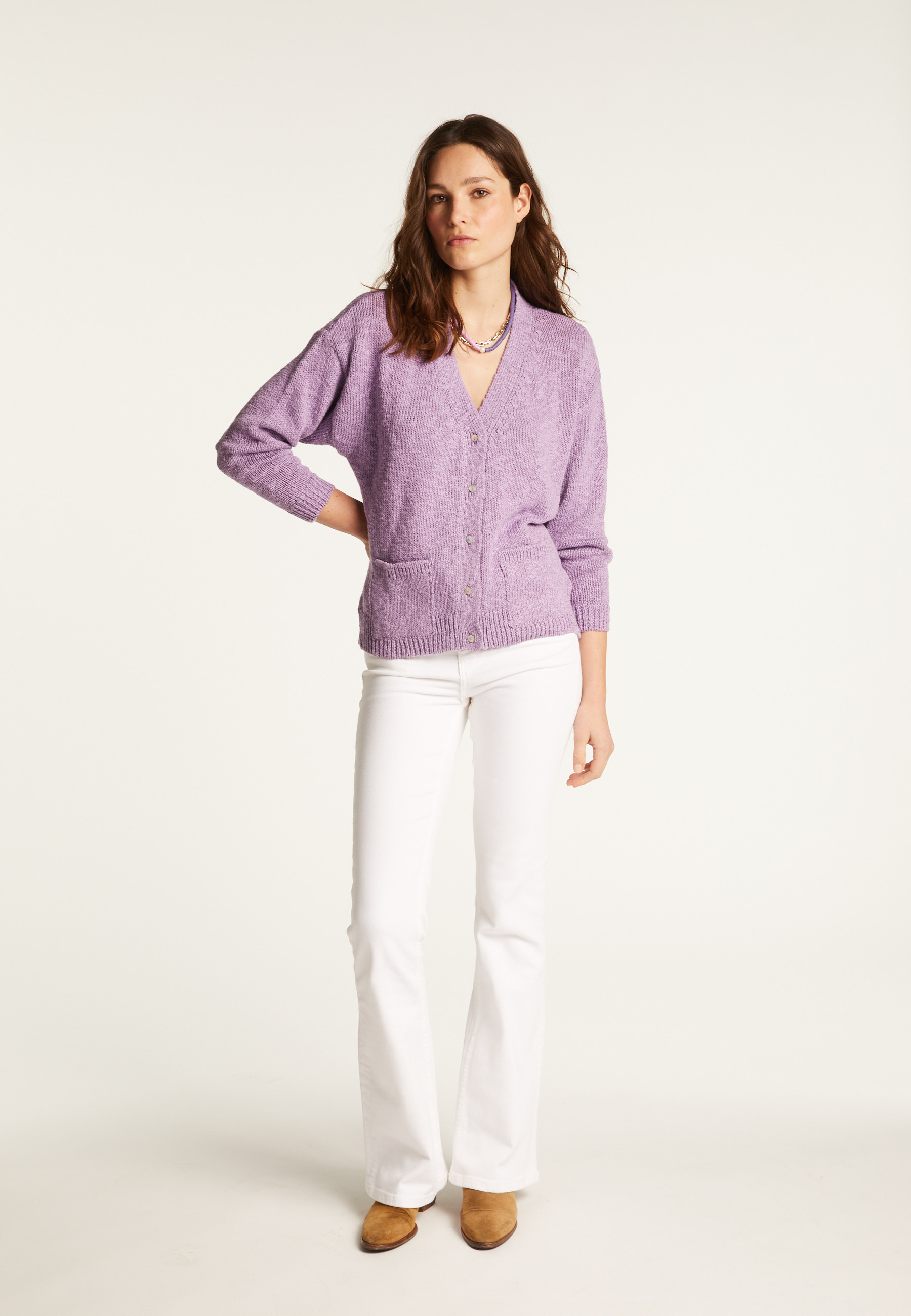 Gilet col V en coton et lin - Thais 7601 ecru - 82 Ecru