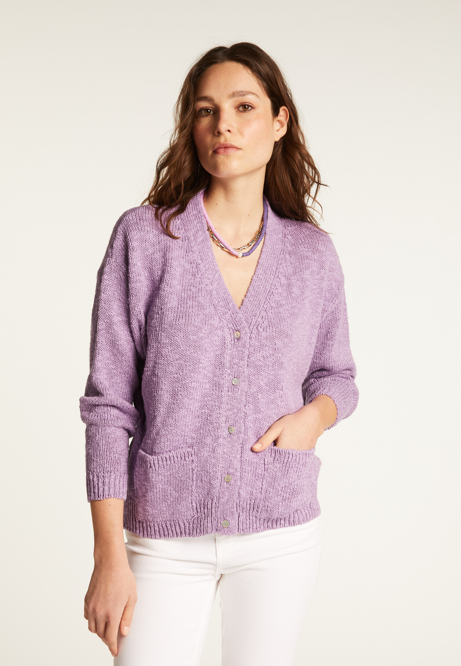Gilet col V en coton et lin - Thais 7601 ecru - 82 Ecru