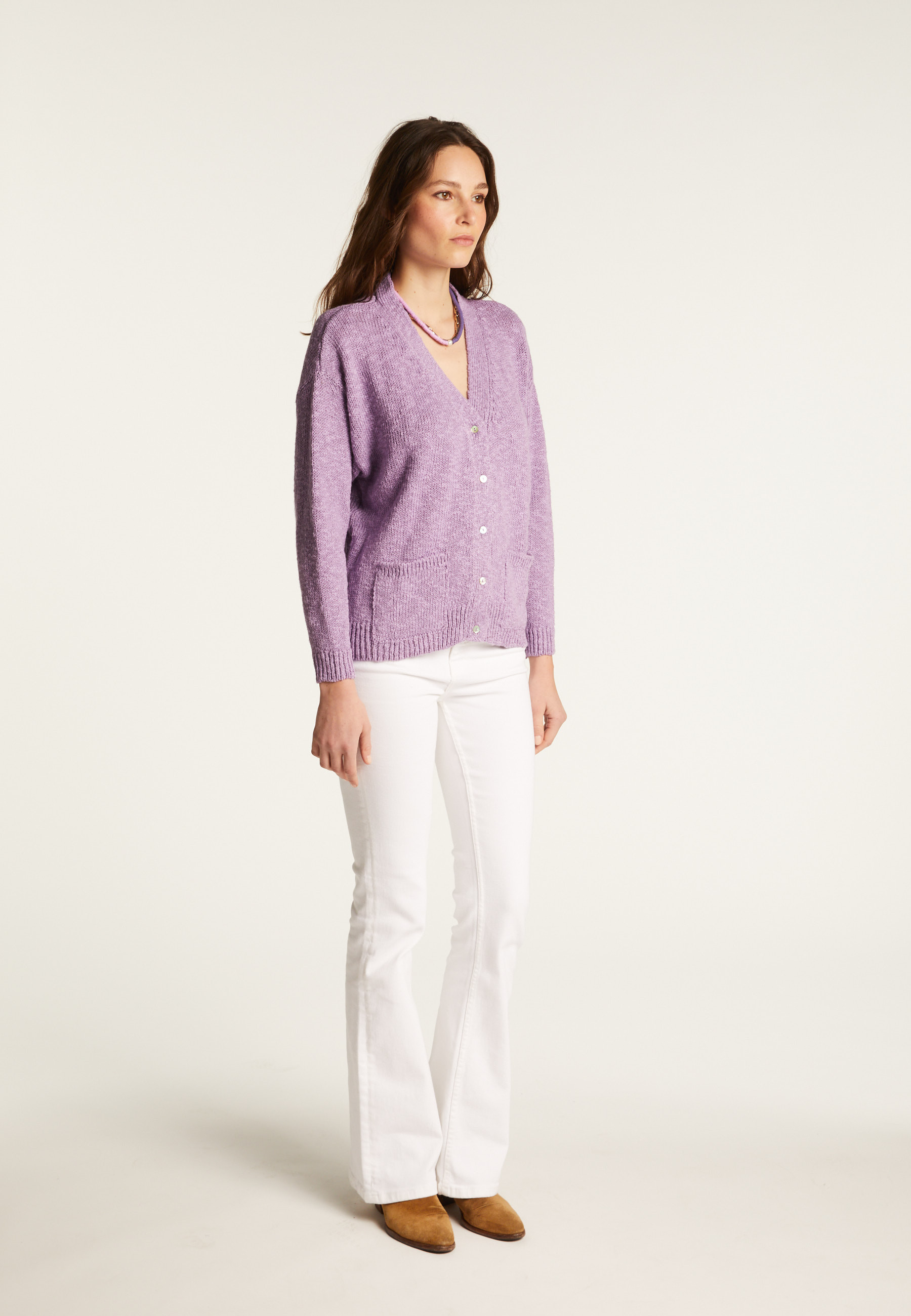 Gilet col V en coton et lin - Thais 7601 ecru - 82 Ecru