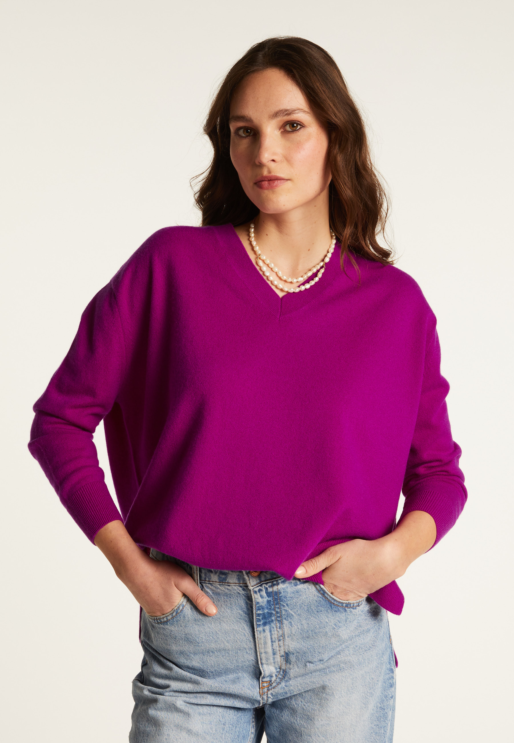 Pull ample à fentes col V en cachemire - Alienor 7870 ecureuil - 92 Rouille