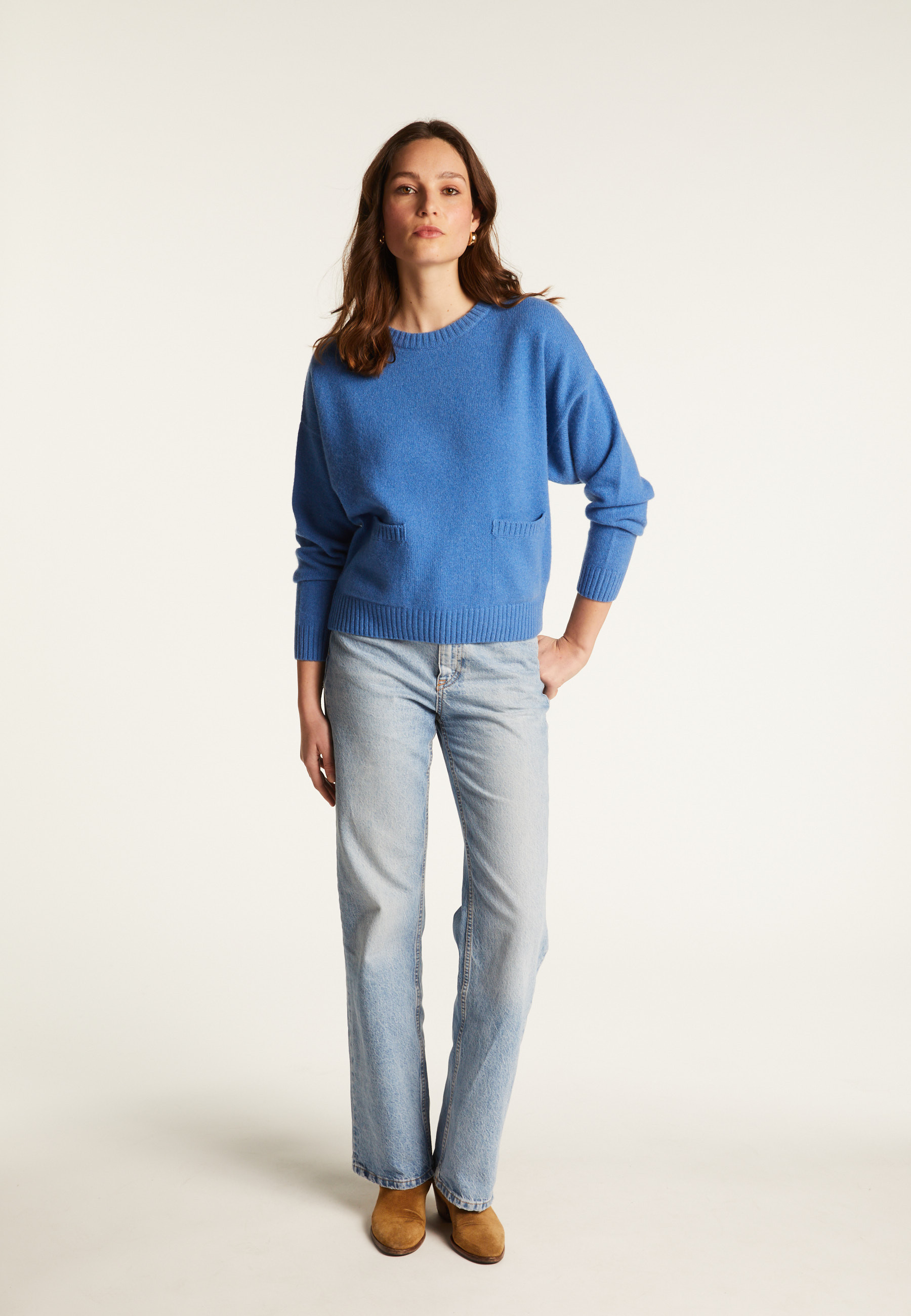 Pull ample à poches en cachemire et laine recyclés - Davina 7841 saphir - 06 Bleu moyen