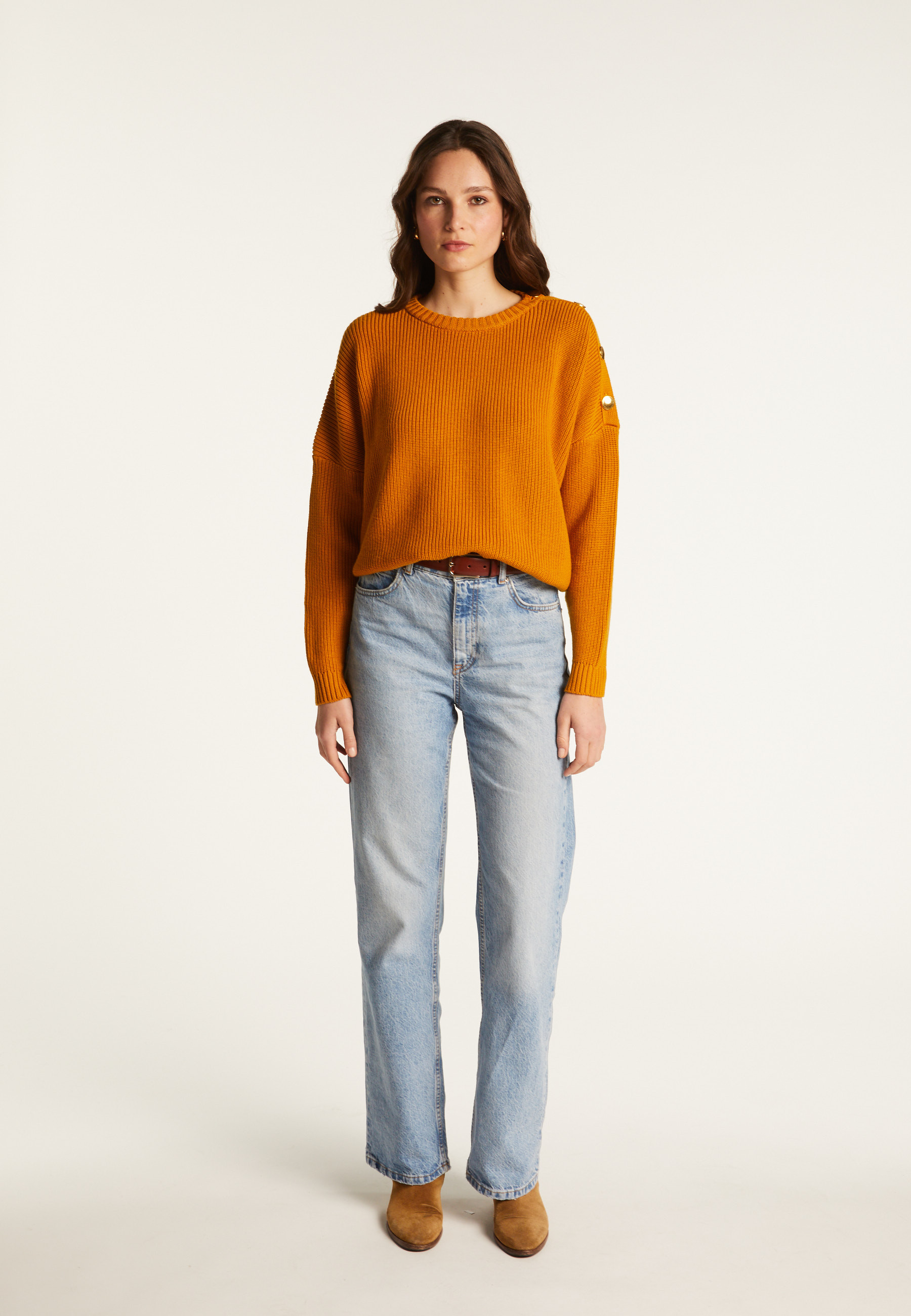 Pull col rond épaule boutonné en laine mérinos - Gao 7860 soleil - 89 Moutarde
