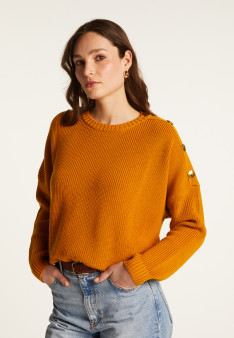 Pull col rond épaule boutonné en laine mérinos - Gao 7860 soleil - 89 Moutarde